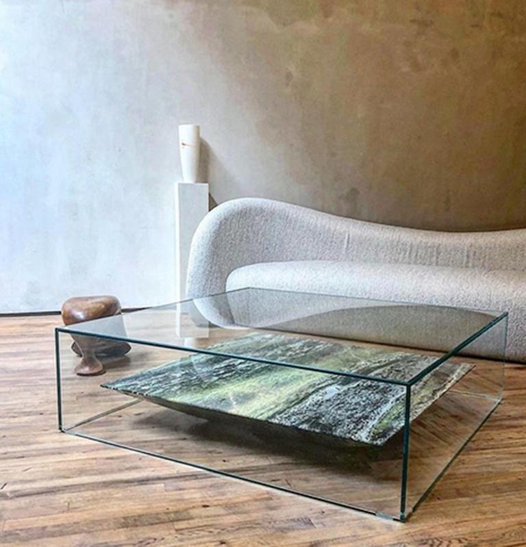 Canadian Claste at Swim, Two Tables in Glass with Verdi Alpi Marble For Sale
