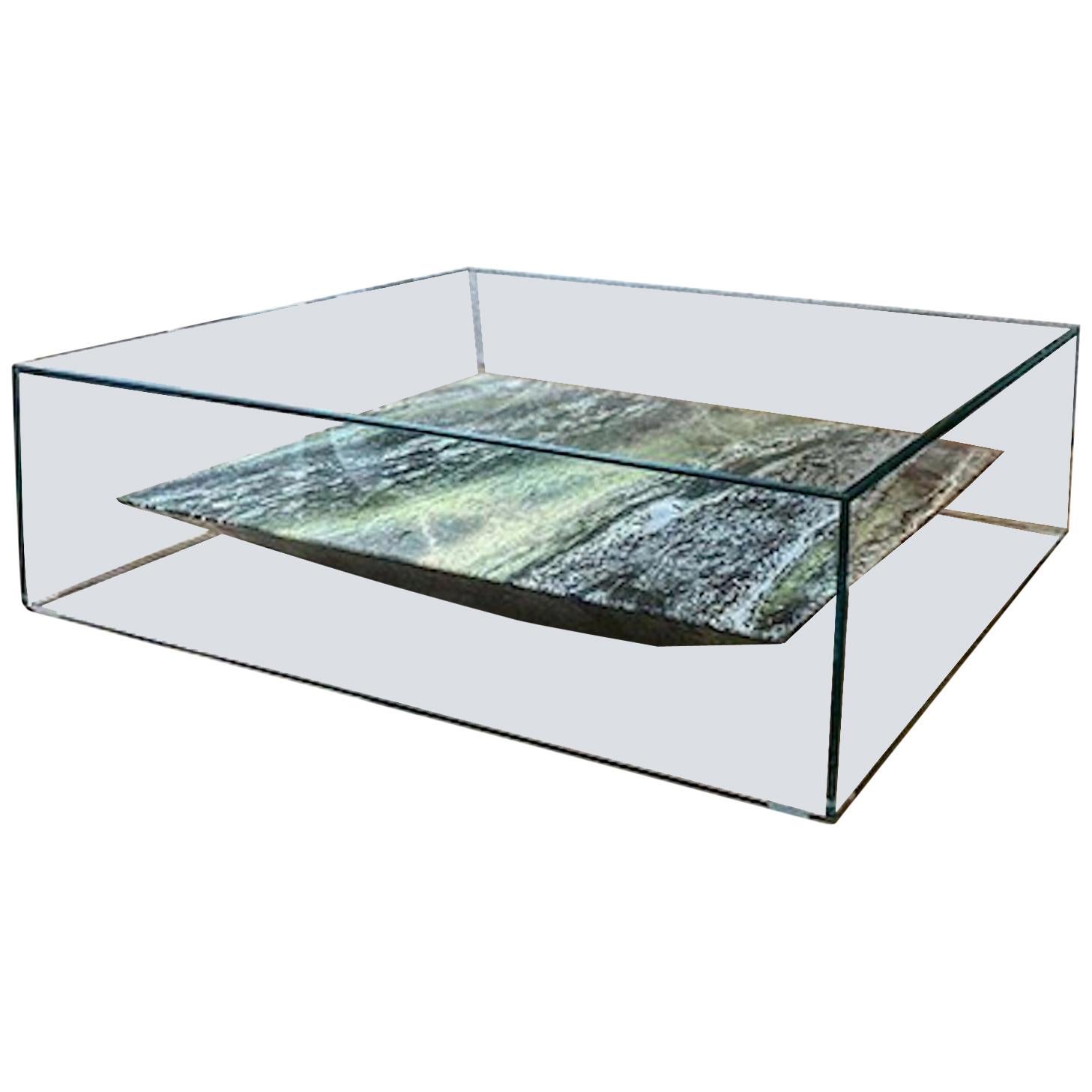 Claste at Swim, Two Tables in Glass with Verdi Alpi Marble