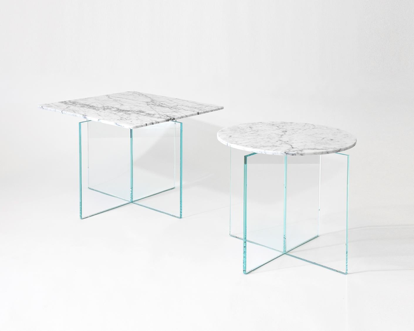 Modern Claste Beside Myself Large Square End Table in Carrara Gioa Marble & Glass Base For Sale