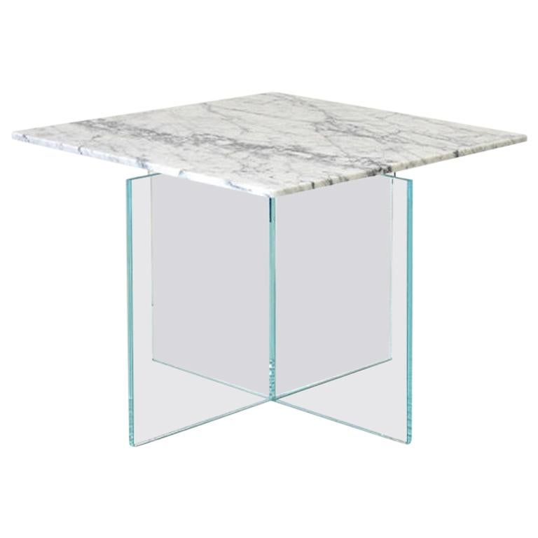 Claste Beside Myself Medium Square End Table in Carrara Gioa Marble & Glass Base For Sale