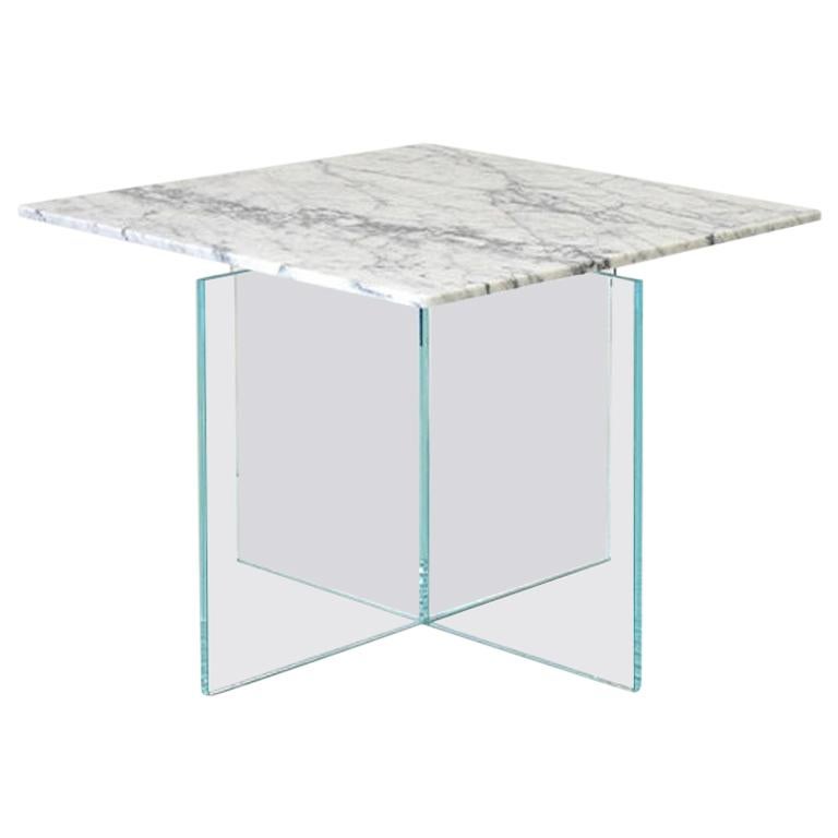 Claste Beside Myself Mini Square End Table in Carrara Gioa Marble and Glass Base For Sale