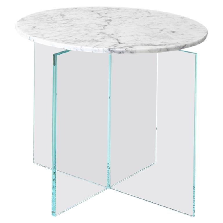 Claste beside Myself Round Large End Table in Carrara Gioa Marble and Glass Base For Sale