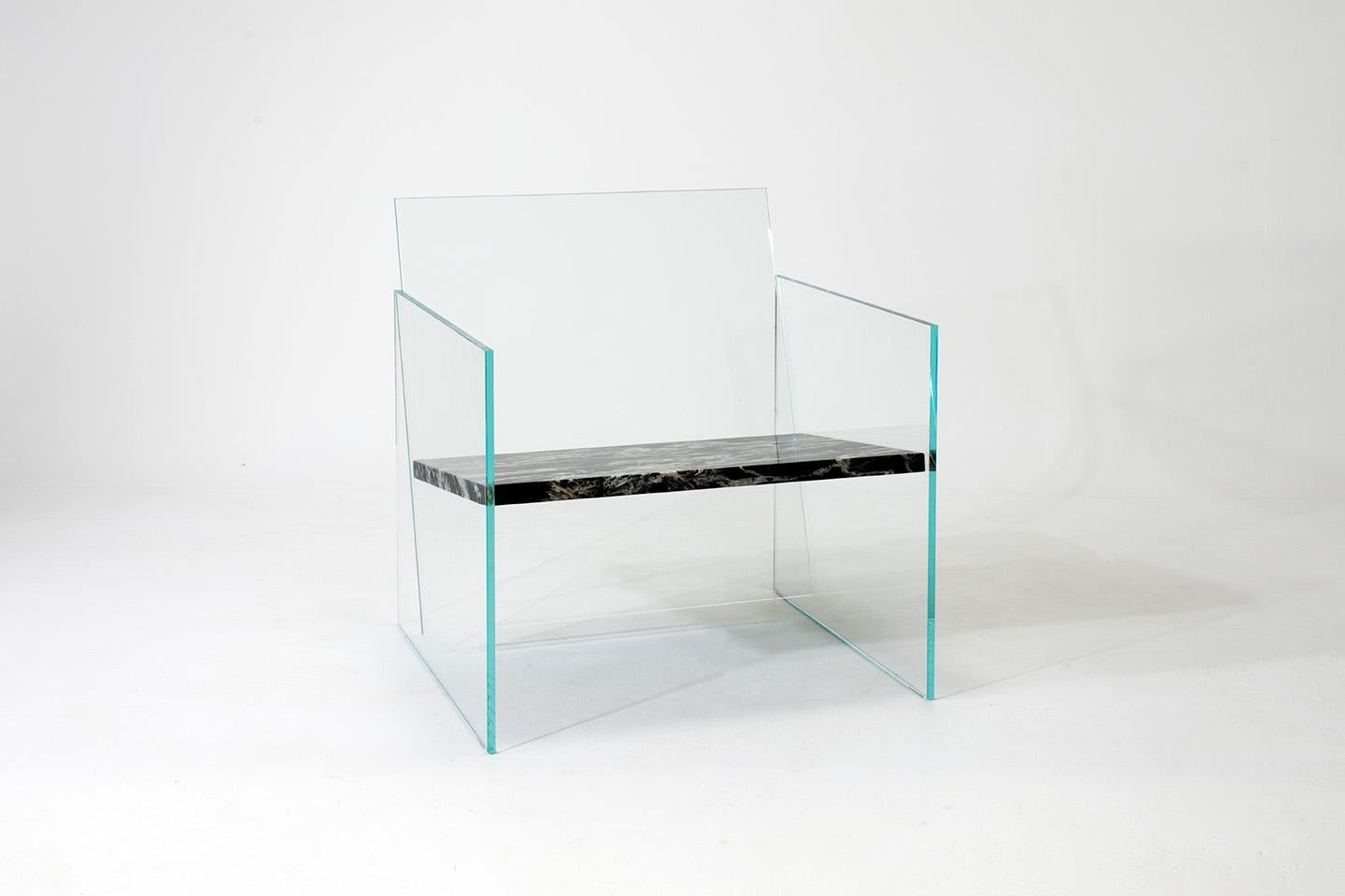 Modern Claste How Fragile This Love-Thin Chair in Glass with Belvedere Black Marble For Sale