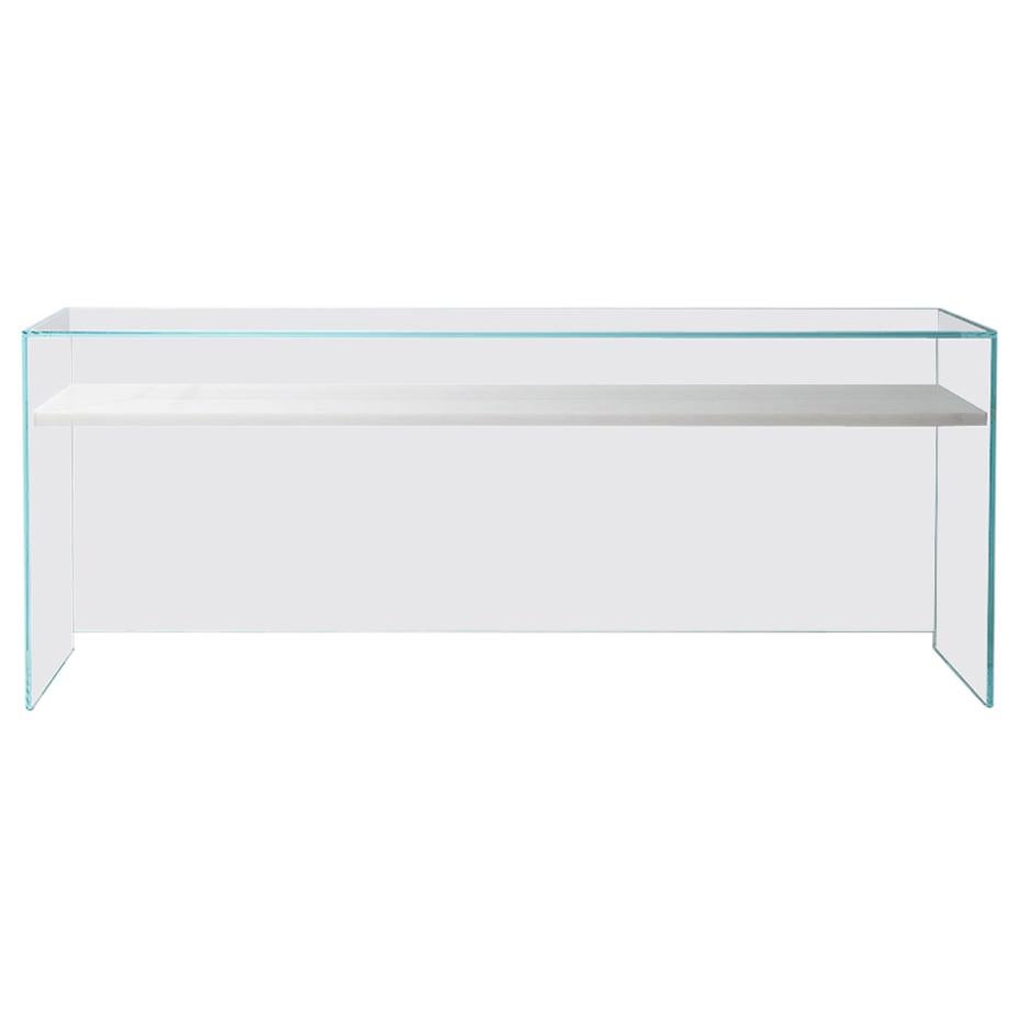 Claste to Float from Grace Console in Ultra Clear Glass with Carrara Gioa White For Sale