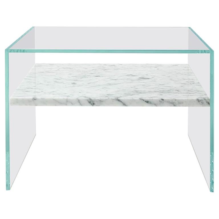 Claste to Float Within Side Table in Ultra Clear Glass and Cararra Gioa