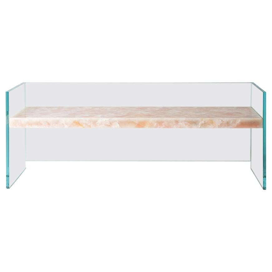 Claste Where We First Met Bench in Ultra Clear Glass with Pink Onyx Marble Slab For Sale