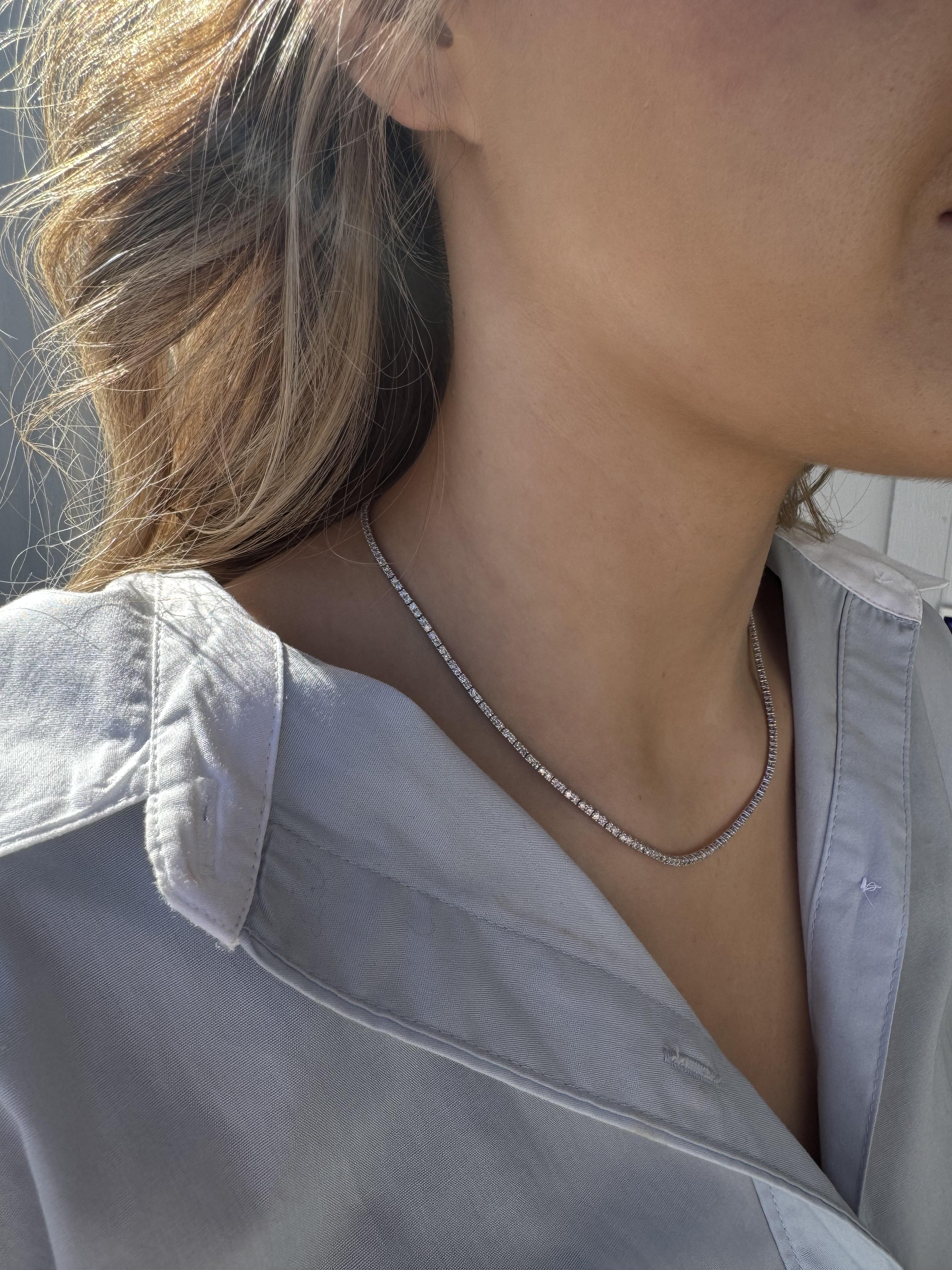Contemporary Clastic 4.5CTW Diamond Tennis Necklace 14K White Gold For Sale