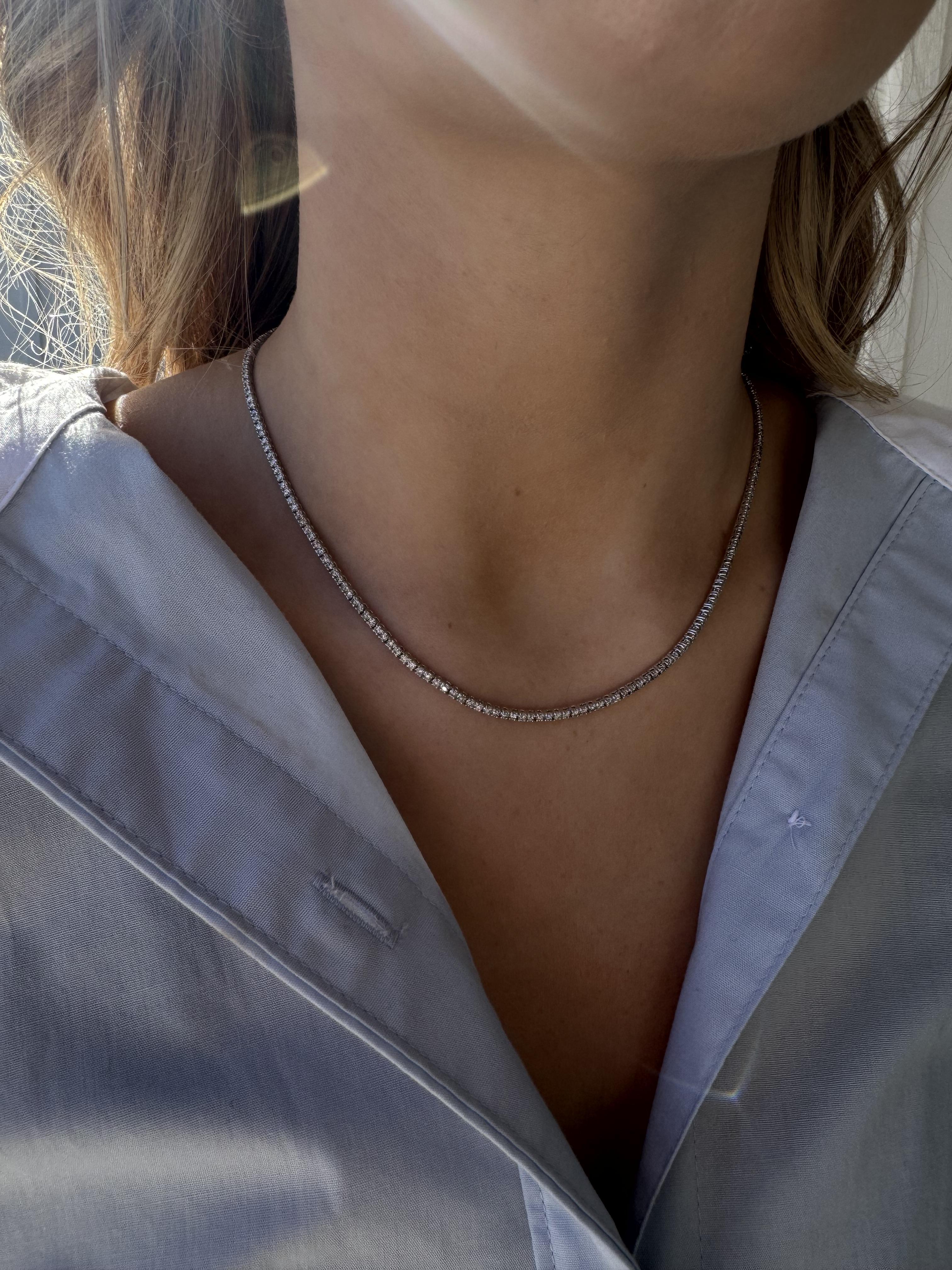 Round Cut Clastic 4.5CTW Diamond Tennis Necklace 14K White Gold For Sale