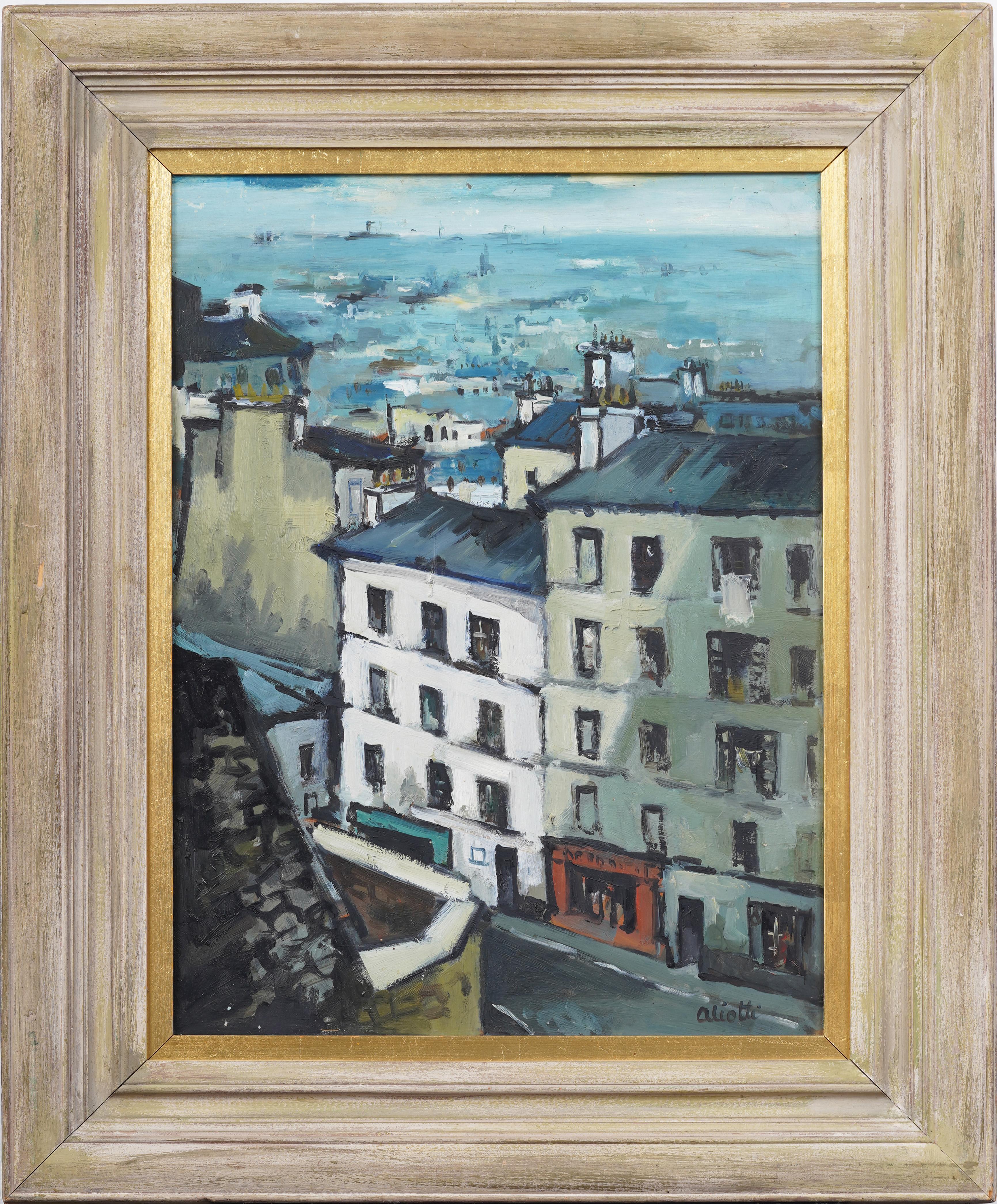 Antique French Impressionist Paris Street Scene Framed Exhibited Oil Painting - Gray Landscape Painting by Claude Aliotti (1925 - 1989)