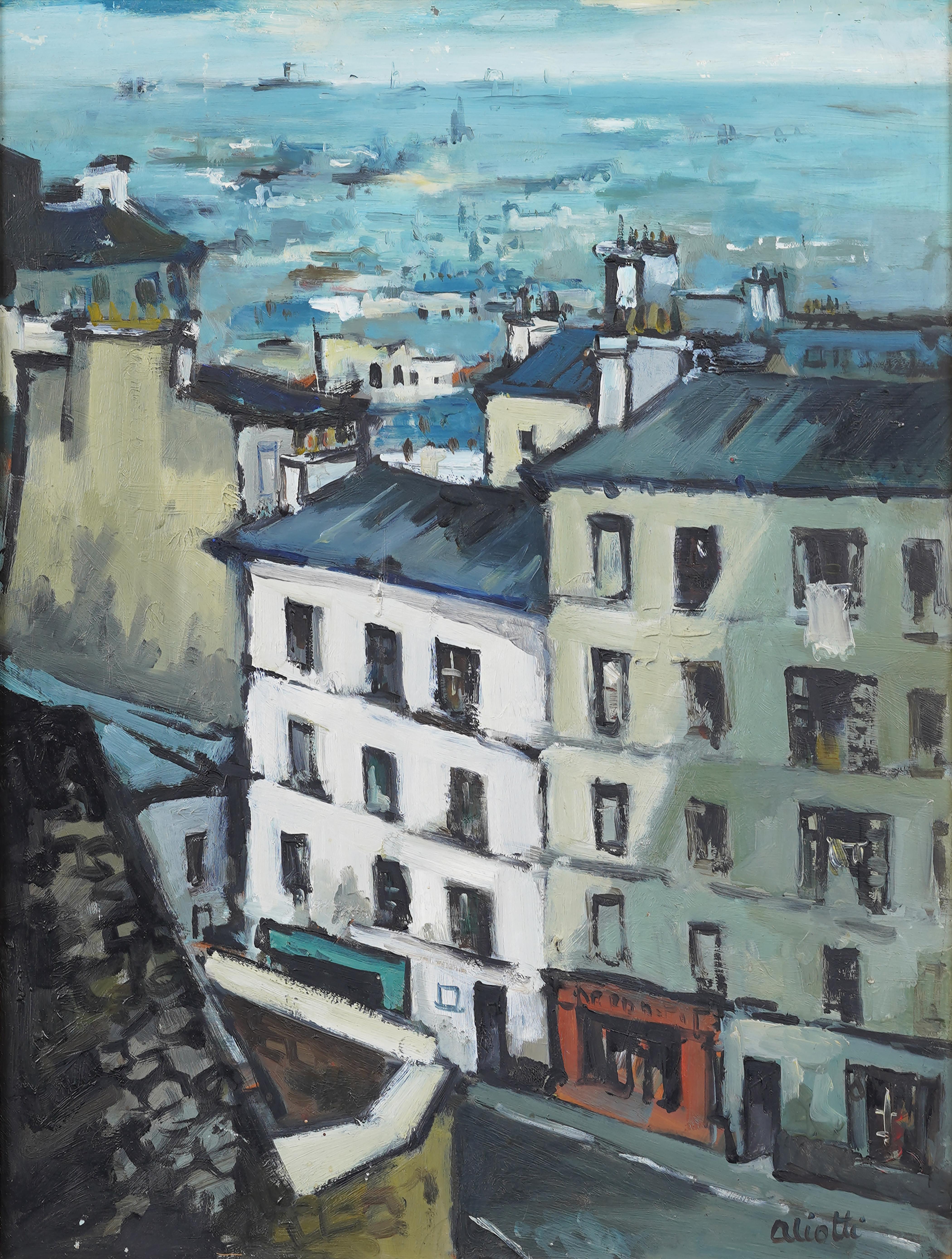 Large and powerful French modern street scene.  A paris view by Claude Aliotti (1925 - 1989).  Oil on board.  Signed.  Framed.  Image size, 18