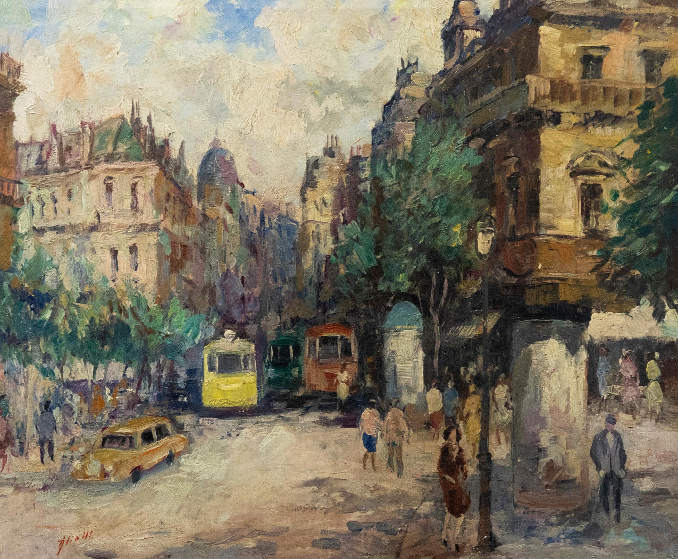 A wonderful impressionist study of a Parisian street scene by the French artist Claude Aliotti. The street bustles with figures and trams in the summer heat and Aliotti's expressive brushwork gives the impression of movement within the composition.