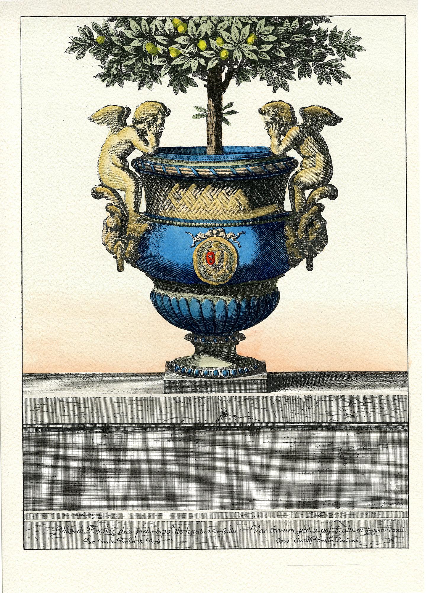 Urnas de bronce con árboles cítricos, 2 copias - Print Escuela francesa de Claude Ballin