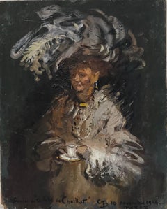 Huile française des années 1940 représentant une femme au chapeau de théâtre buvant du café, œuvre originale signée