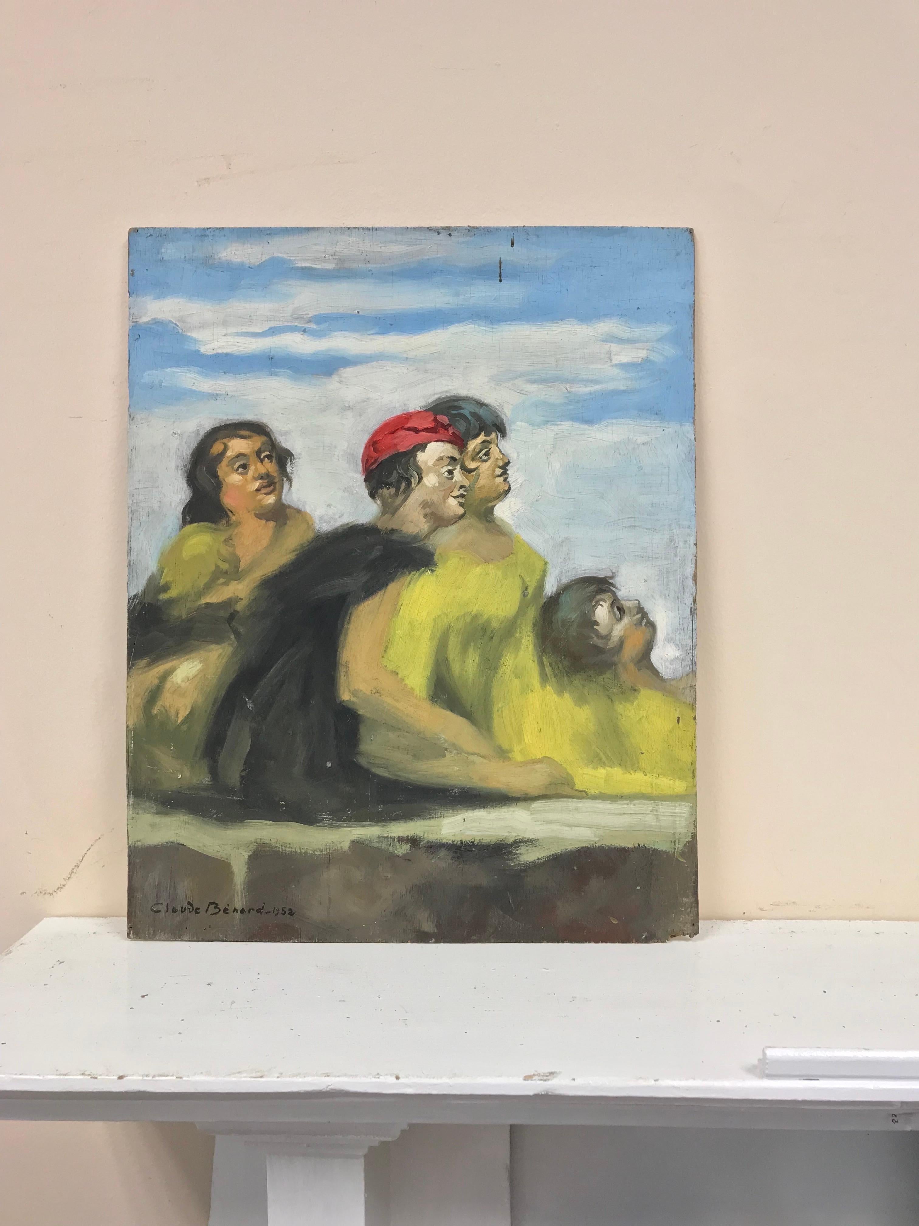 Óleo modernista francés de 1950 Firmado Señoras vestidas de amarillo mirando hacia arriba - Painting de Claude Benard