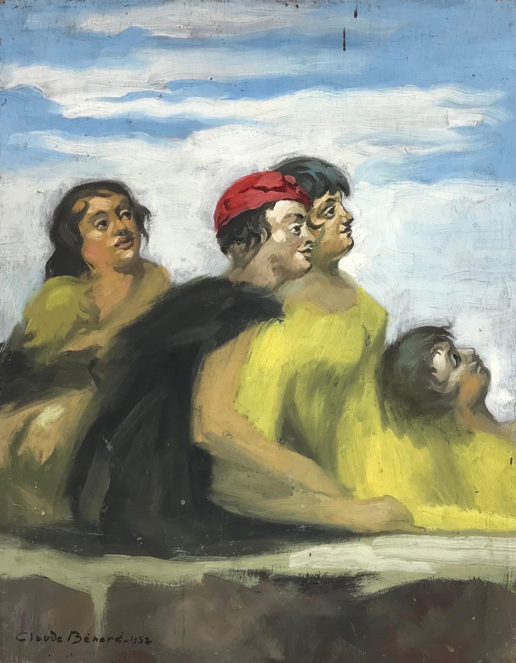 Portrait Painting de Claude Benard - Óleo modernista francés de 1950 Firmado Señoras vestidas de amarillo mirando hacia arriba