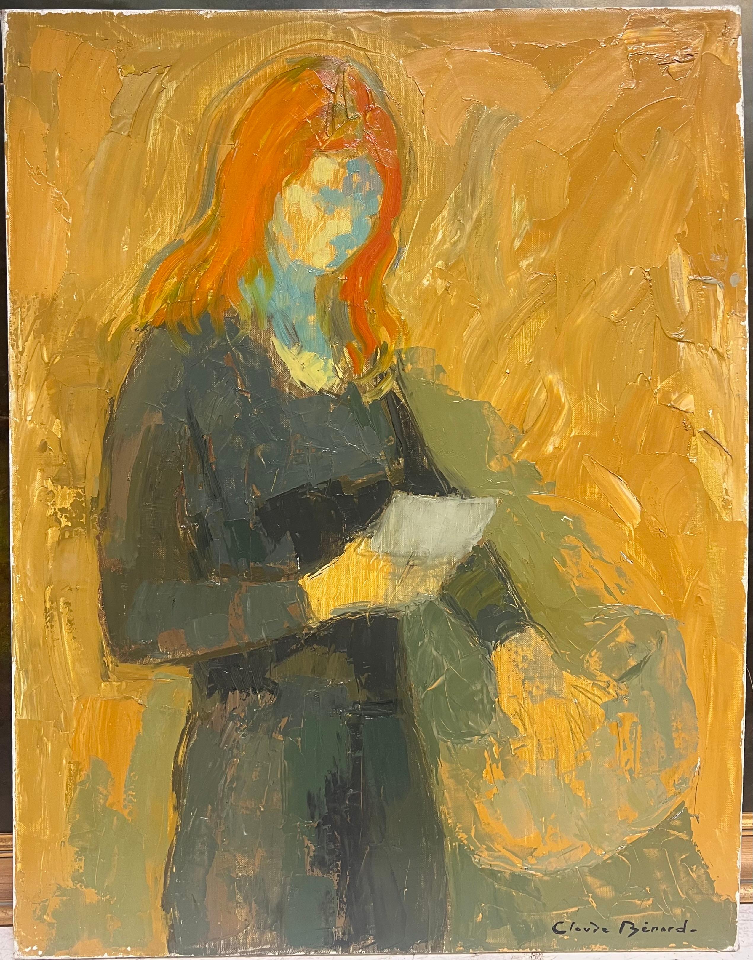 Óleo francés del siglo XX Retrato de dama leyendo con el pelo naranja - Painting de Claude Benard