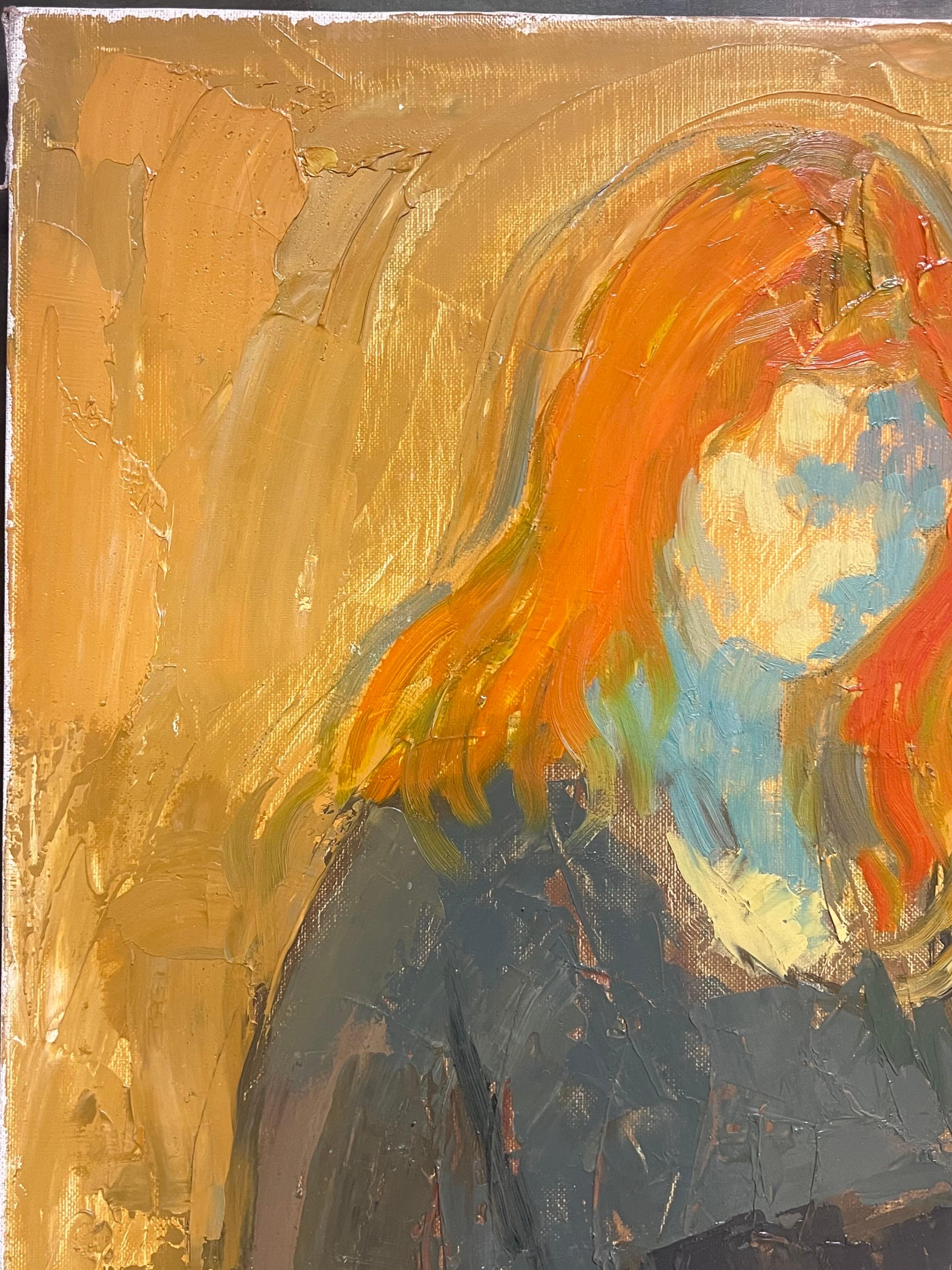 Óleo francés del siglo XX Retrato de dama leyendo con el pelo naranja - Portrait Painting Naranja de Claude Benard