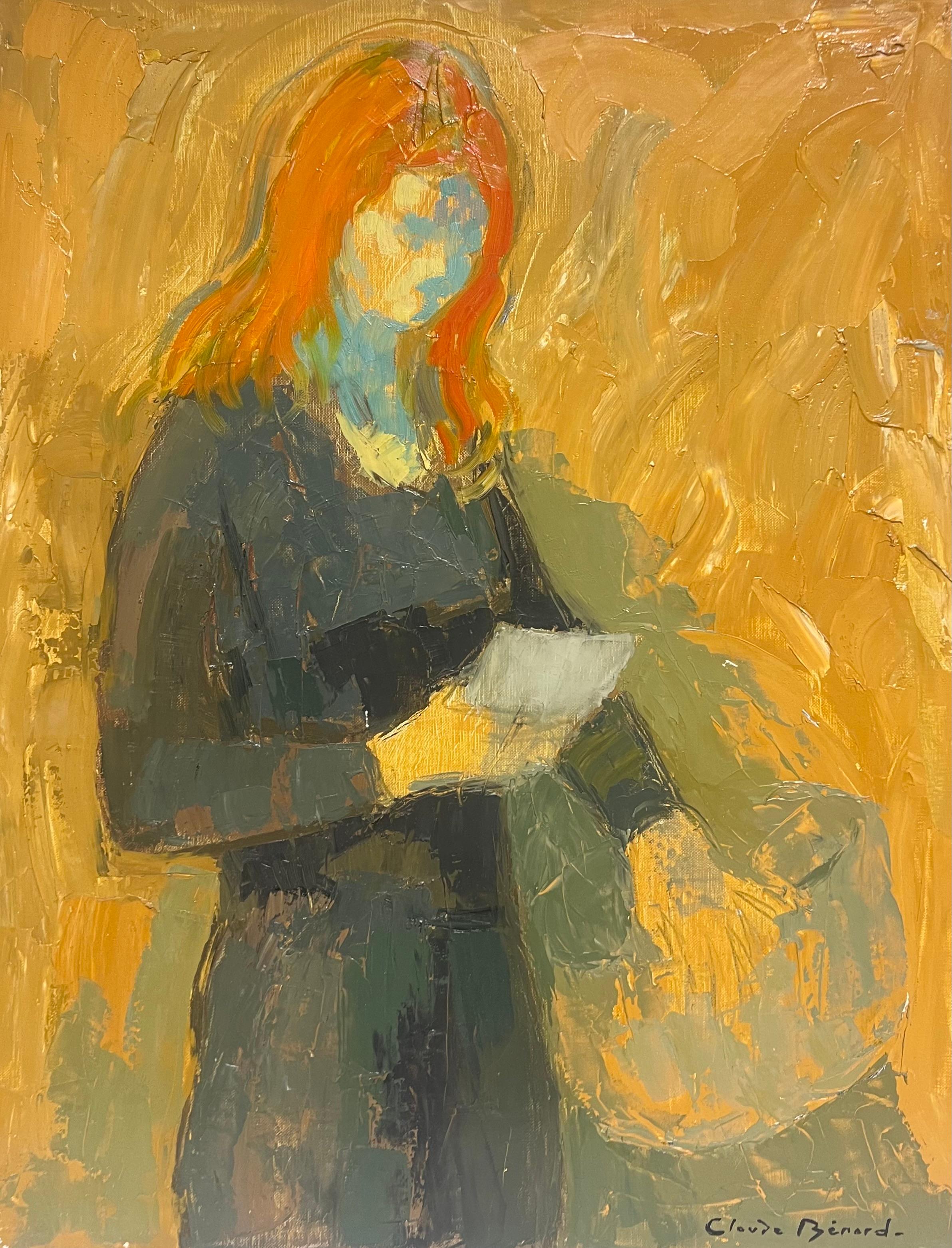 Portrait Painting de Claude Benard - Óleo francés del siglo XX Retrato de dama leyendo con el pelo naranja