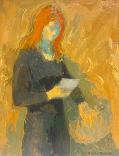 20th Century French Oil Painting Portrait of Lady Reading With Orange Hair