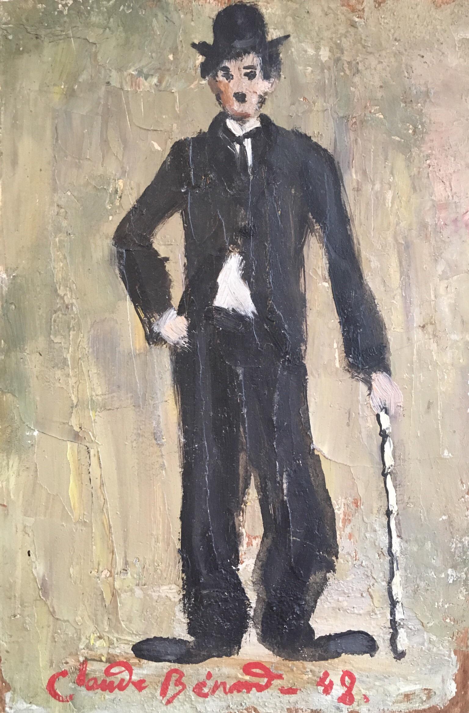 Claude Benard Figurative Painting - Charlie Chaplin, Impressionist Portrait, Signed Oil Painting