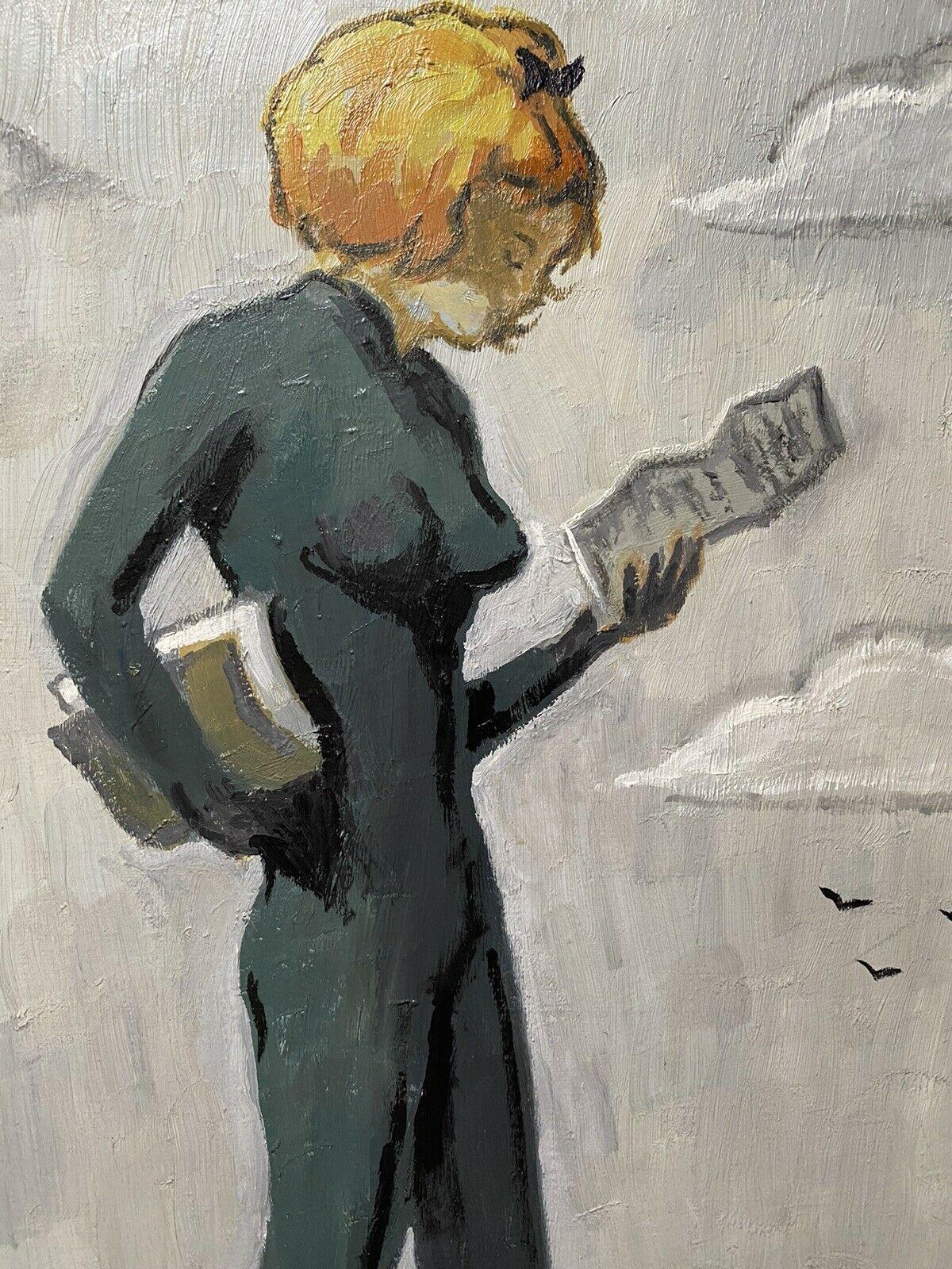 CLAUDE BENARD (1926-2016) SIGNED FRENCH OIL - STYLISH LADY READING ON BEACH - Painting by Claude Benard