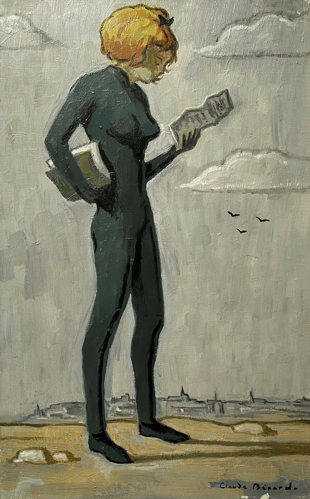 Claude Benard Figurative Painting - CLAUDE BENARD (1926-2016) SIGNED FRENCH OIL - STYLISH LADY READING ON BEACH