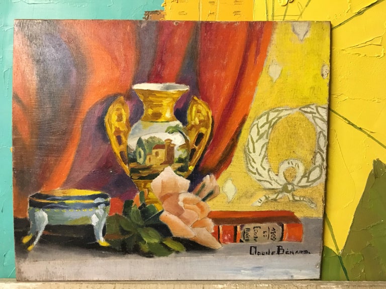 Colourful Still Life, Impressionist Oil Painting, Signed - Brown Still-Life Painting by Claude Benard