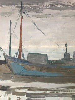 Fishing Boats Moored, Signed Oil Painting