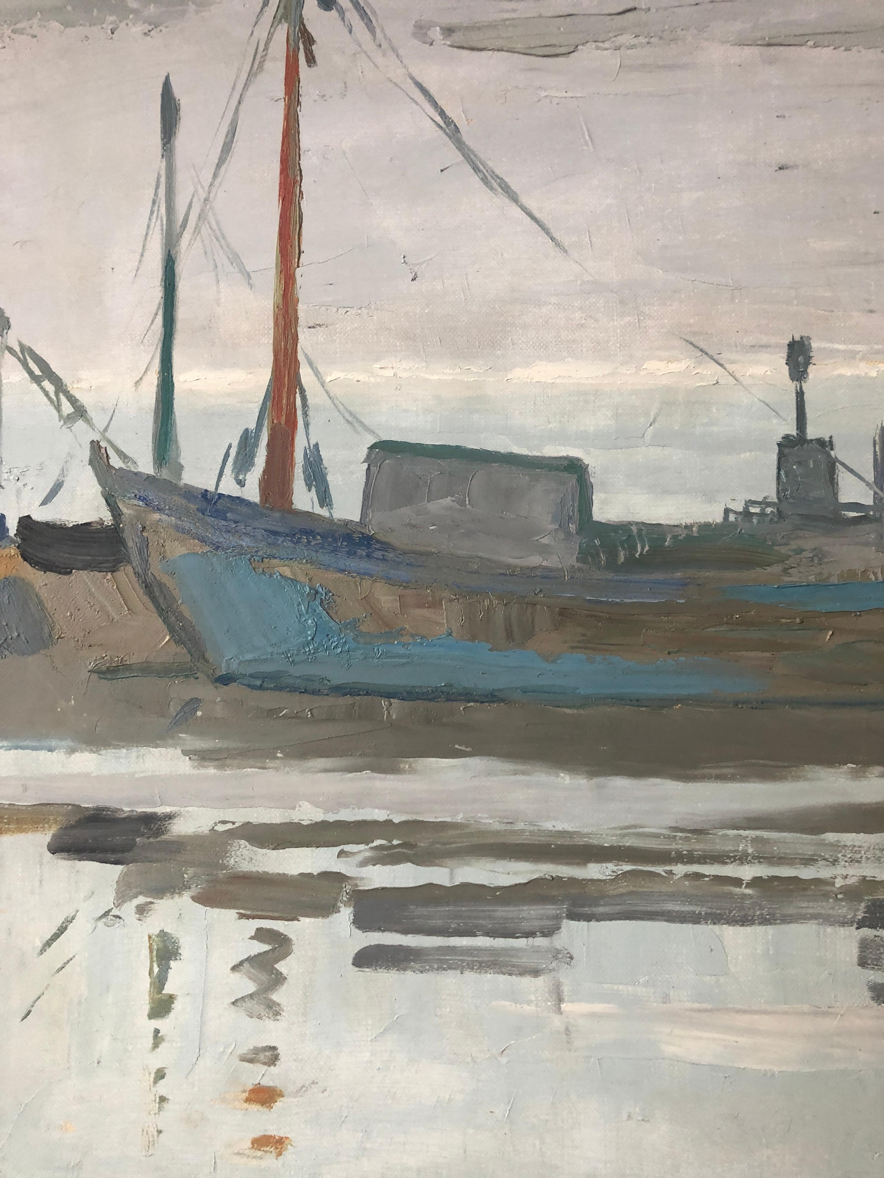 Fishing Boats Moored, Signed Oil Painting - Gray Still-Life Painting by Claude Benard