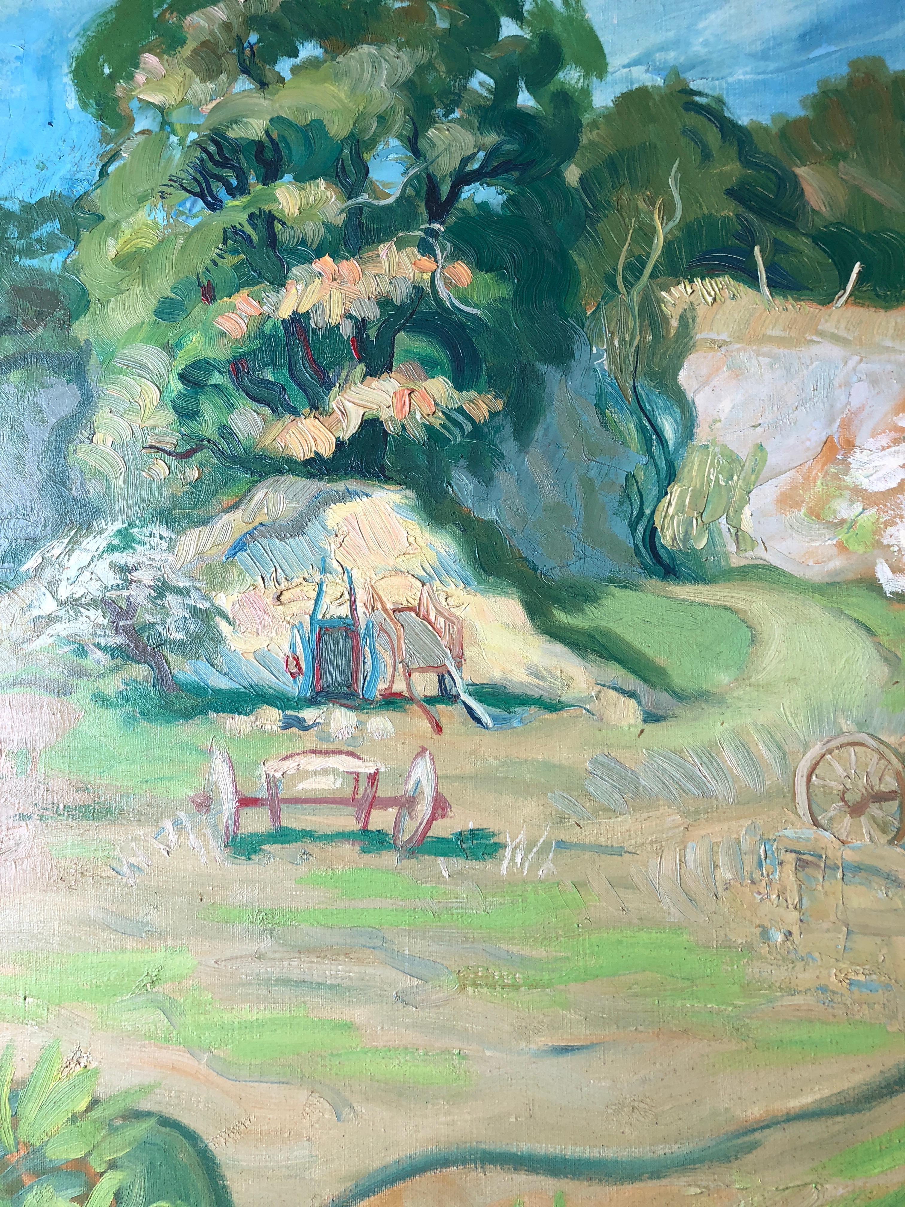 Peinture à l'huile française post-impressionniste de paysage de ferme signée - Painting de Claude Benard