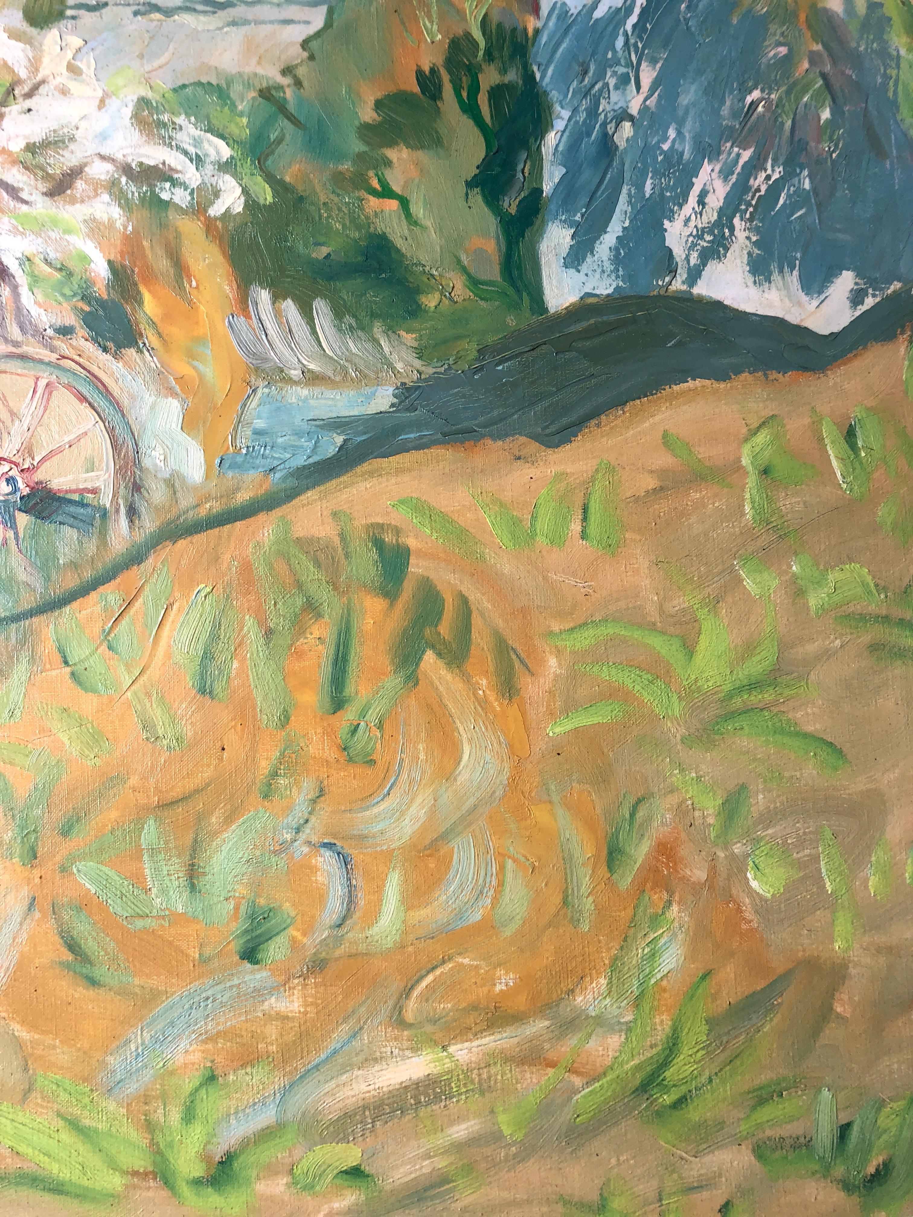 Peinture à l'huile française post-impressionniste de paysage de ferme signée - Gris Landscape Painting par Claude Benard