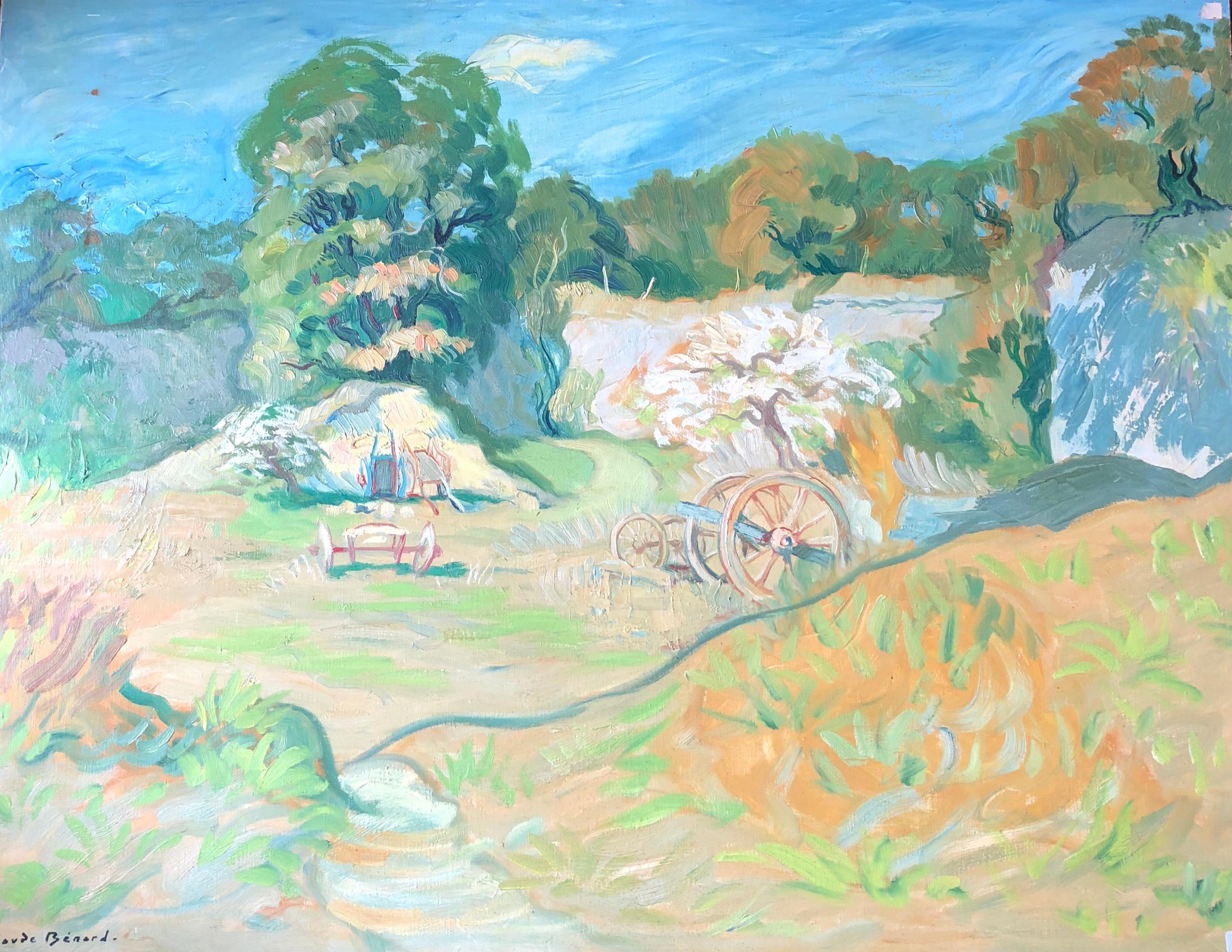 Landscape Painting Claude Benard - Peinture à l'huile française post-impressionniste de paysage de ferme signée