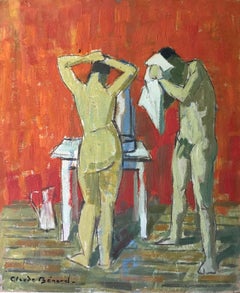 Getting Ready Together, Impressionist Nude, Signed Oil Painting