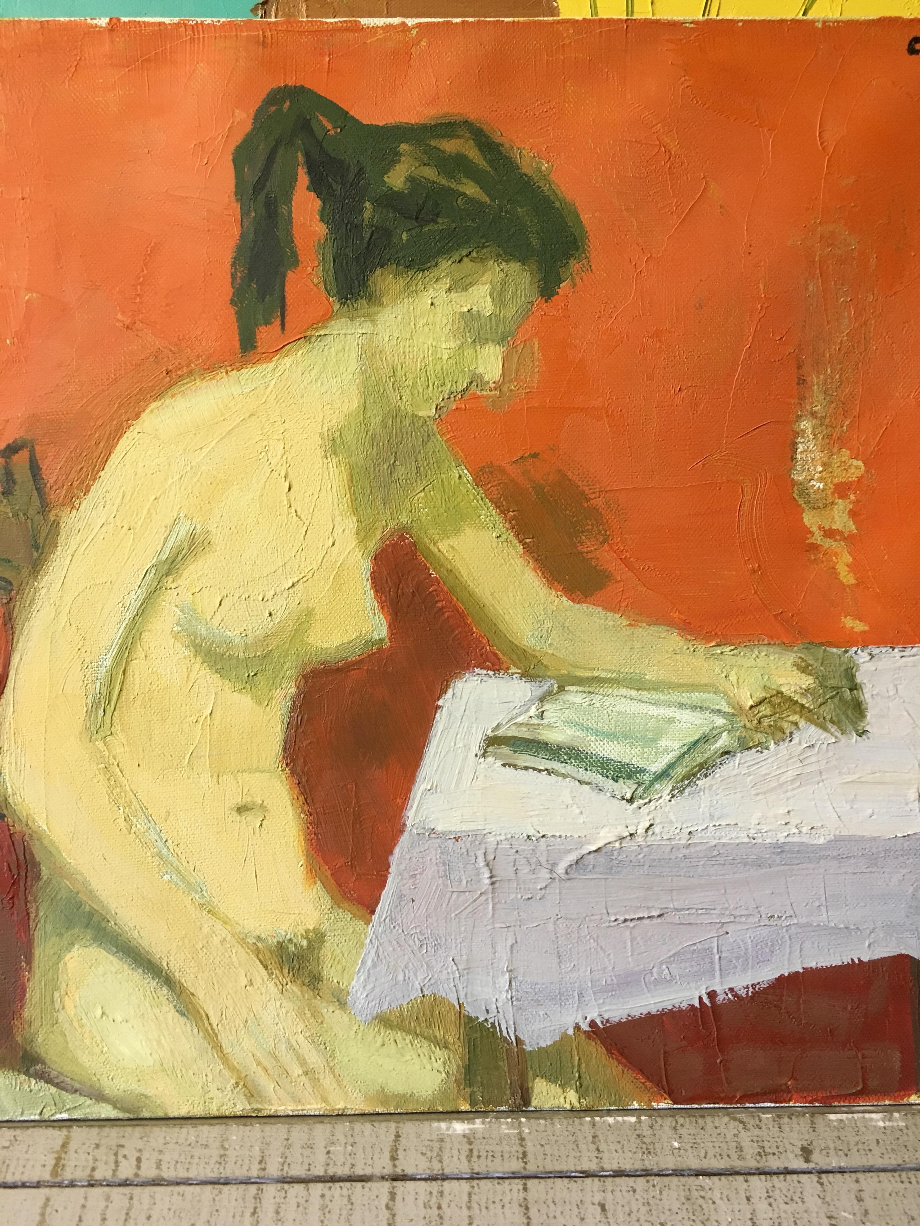 Impressionist Nude Model Sat Reading, Signed Oil Painting 1