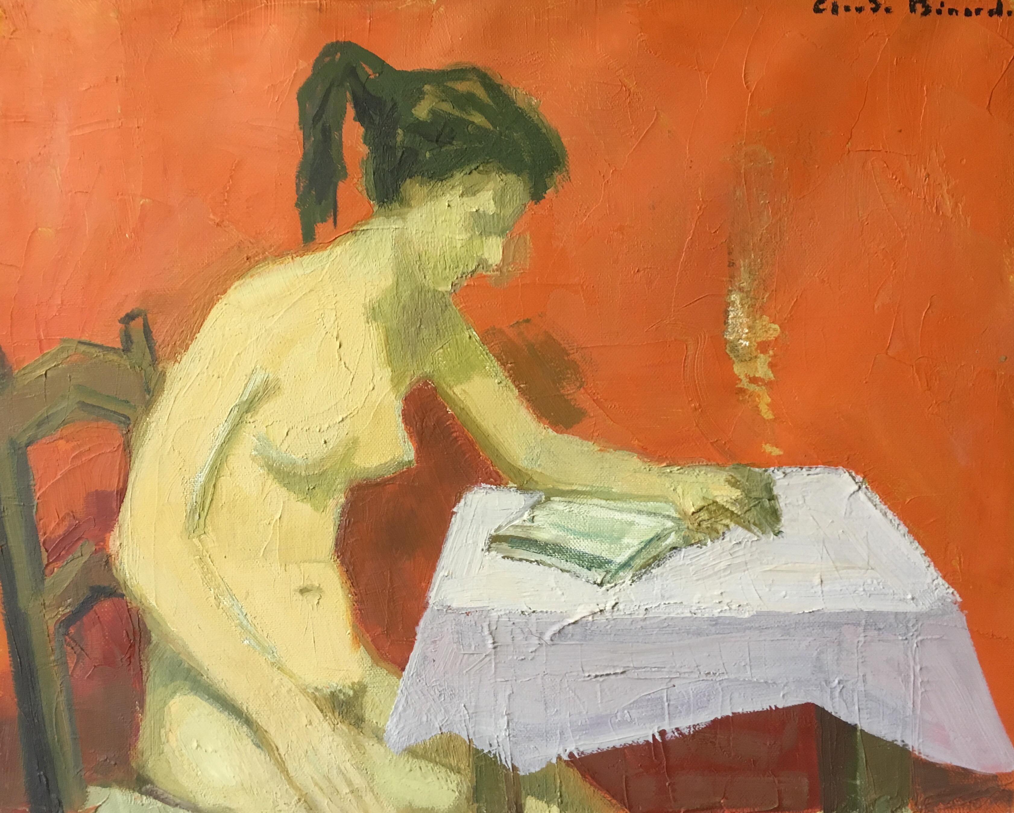 Claude Benard Nude Painting - Impressionist Nude Model Sat Reading, Signed Oil Painting