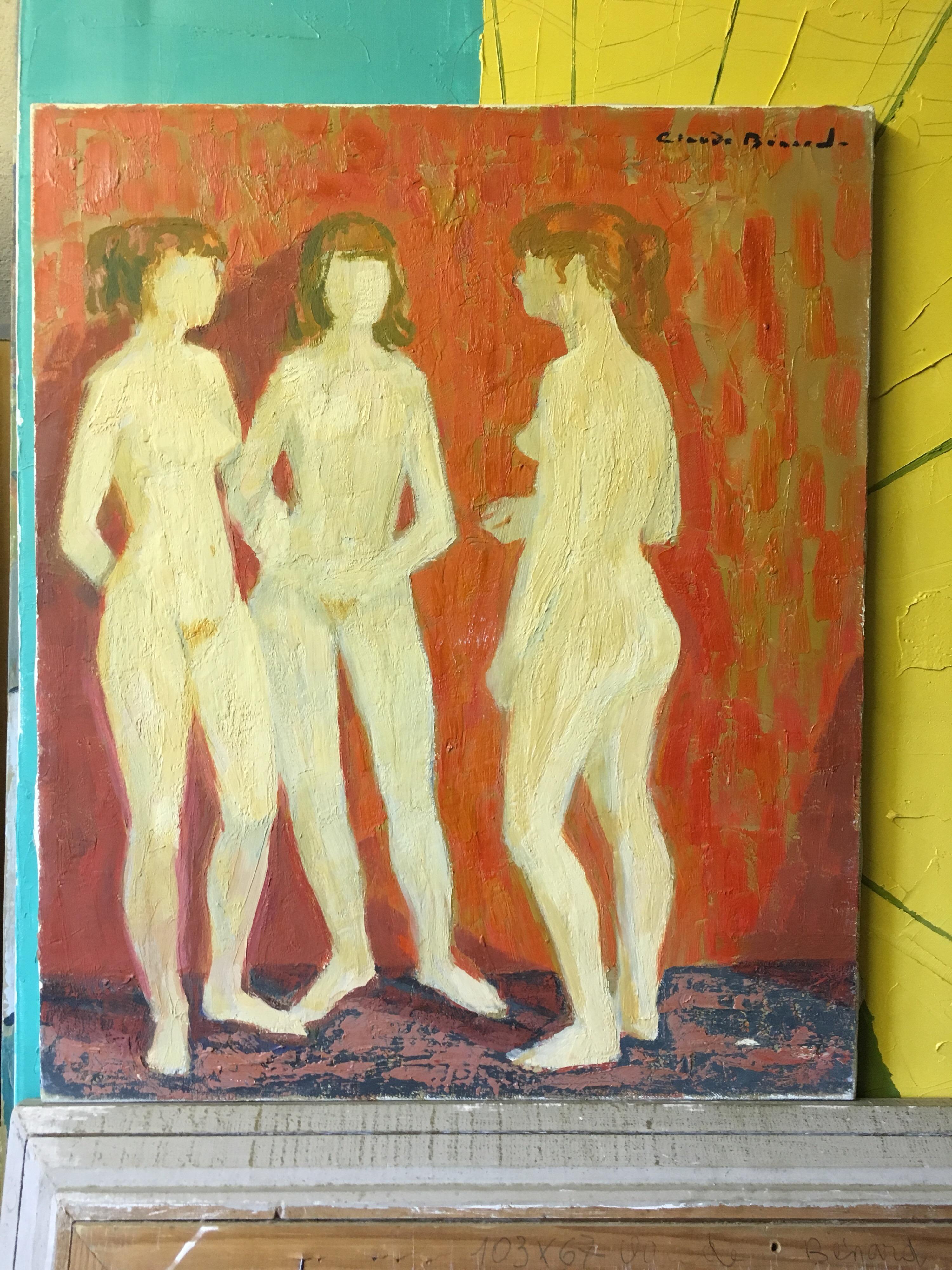Impressionist Nudes, Three Figures, Oil Painting - Brown Portrait Painting by Claude Benard