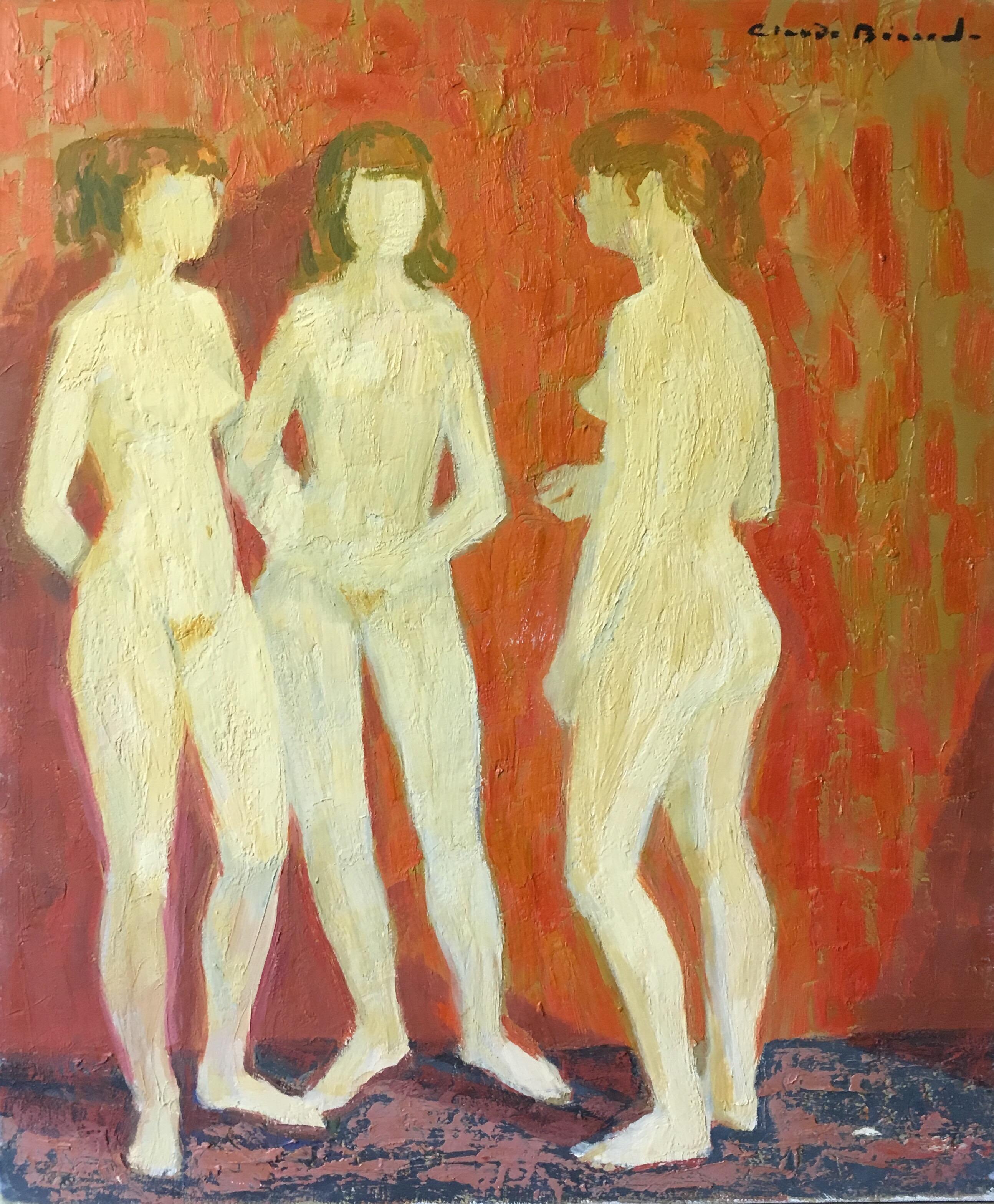 Claude Benard Portrait Painting - Impressionist Nudes, Three Figures, Oil Painting