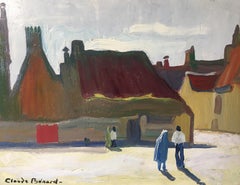 Peinture à l'huile impressionniste d'un petit village français, stylisée et colorée