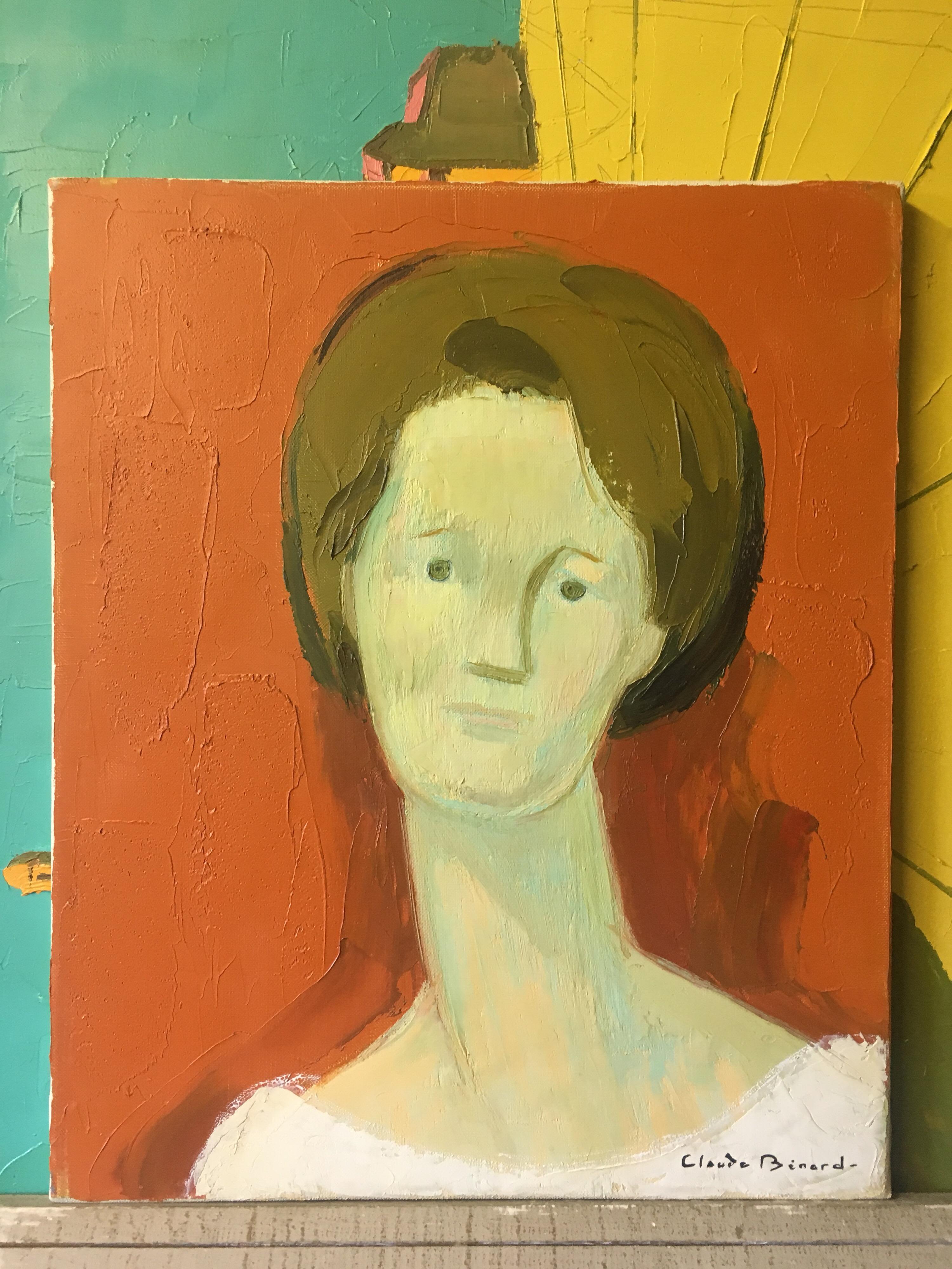 Impressionist Portrait, Stylised Orange Colour Oil Painting, Signed 1