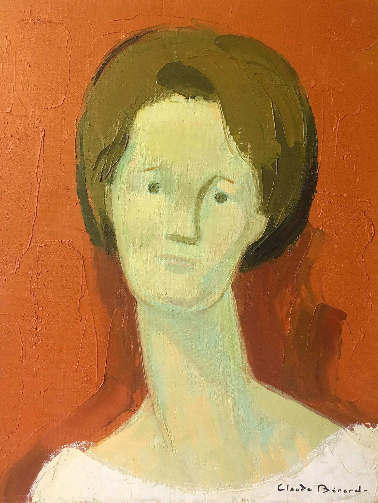 Claude Benard Interior Painting - Impressionist Portrait, Stylised Orange Colour Oil Painting, Signed