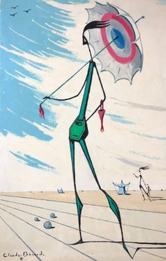 Jolie Dame a L'Ombrelle Surrealist Signed Oil Painting