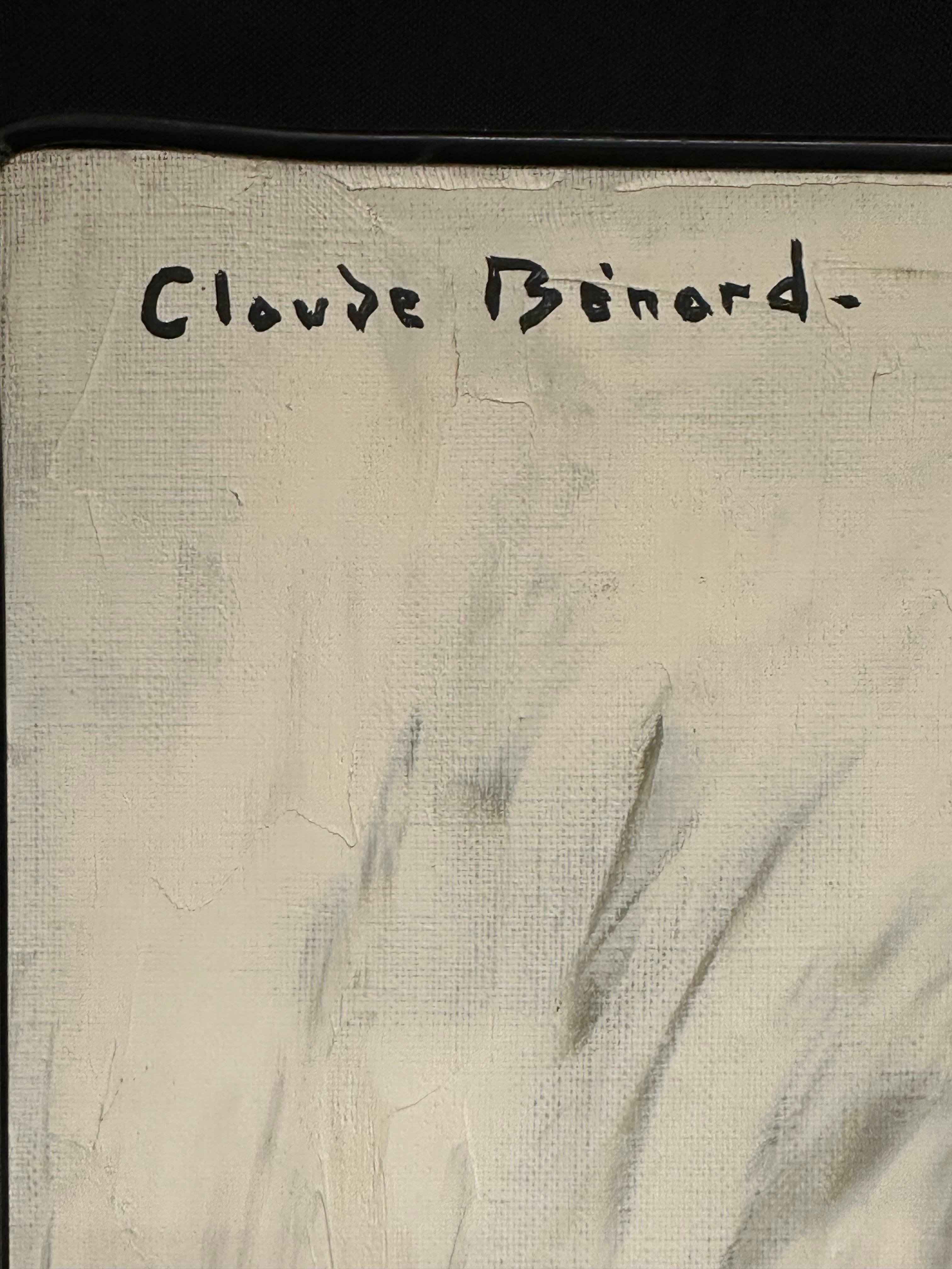 Grande peinture à l'huile française du 20e siècle représentant une femme en robe grise, signée - Marron Figurative Painting par Claude Benard