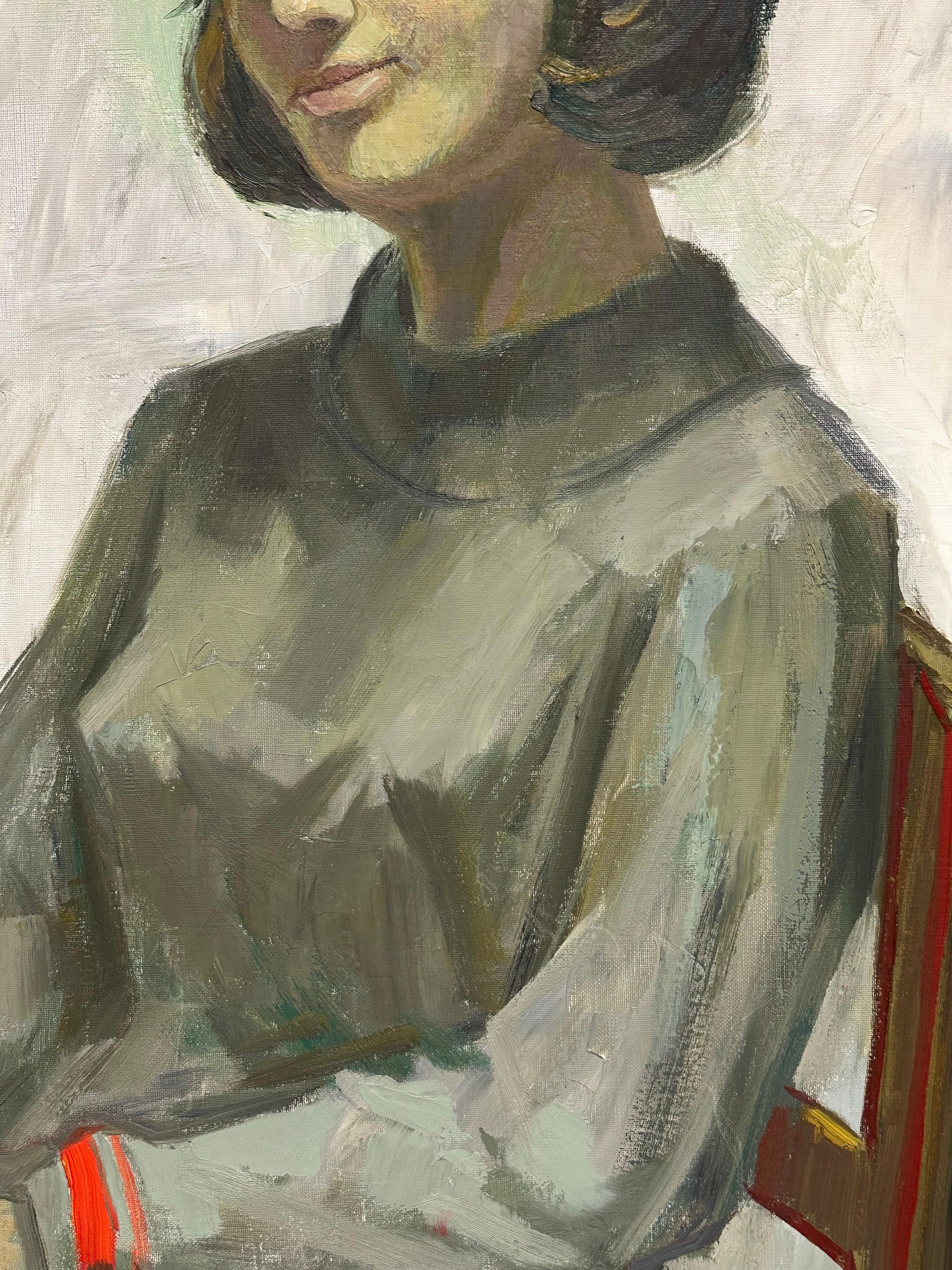 Großes französisches signiertes Ölgemälde des 20. Jahrhunderts, Porträt einer Dame in grauem Kleid im Angebot 2