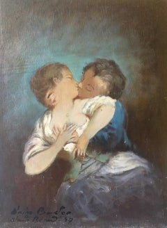 Antique "Le Baiser d'apres Boucher", Impressionist Portrait, Oil Painting, Signed