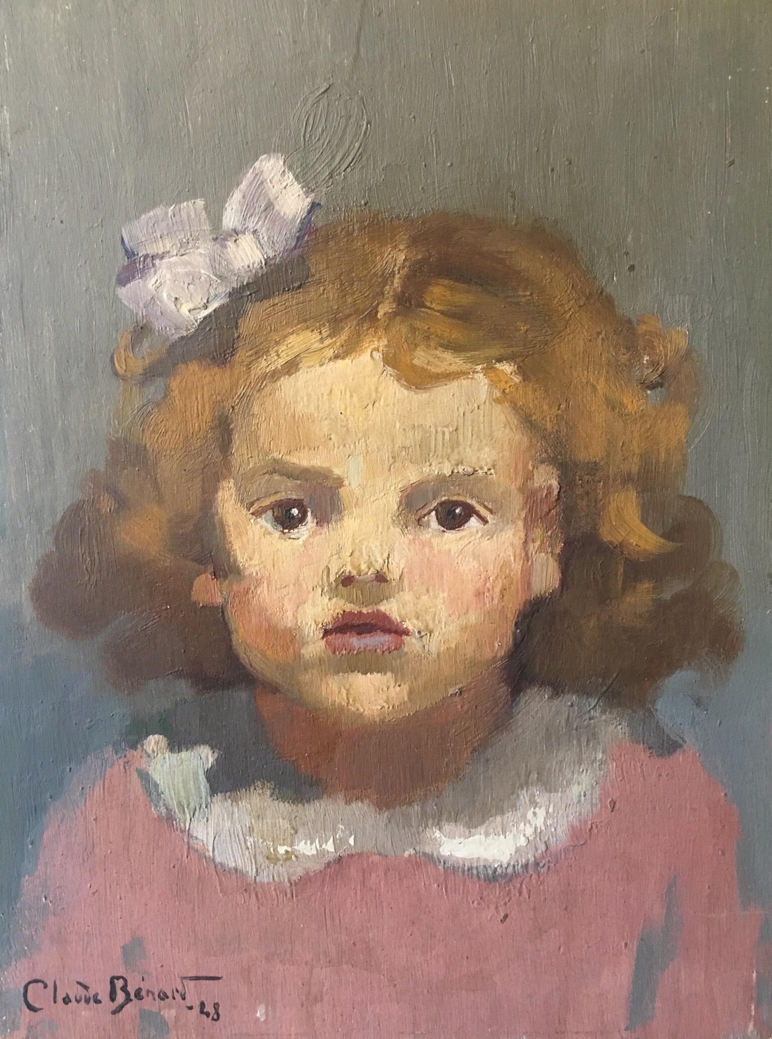 Claude Benard Figurative Painting - Little Girl in Pink, Impressionist Portrait, Signed Oil Painting