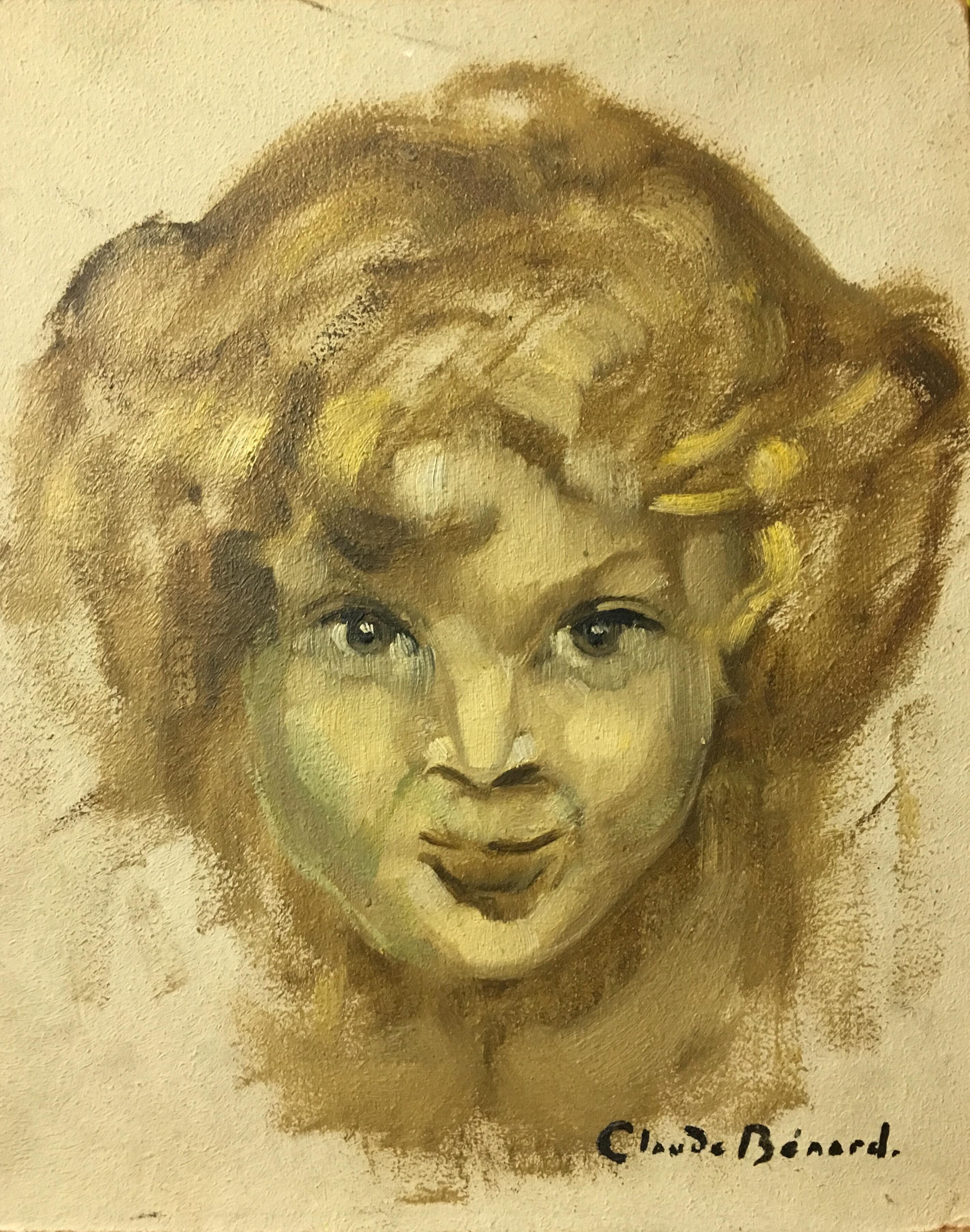 Claude Benard Figurative Painting - Mischievous Child, Impressionist Portrait, Signed Oil Painting