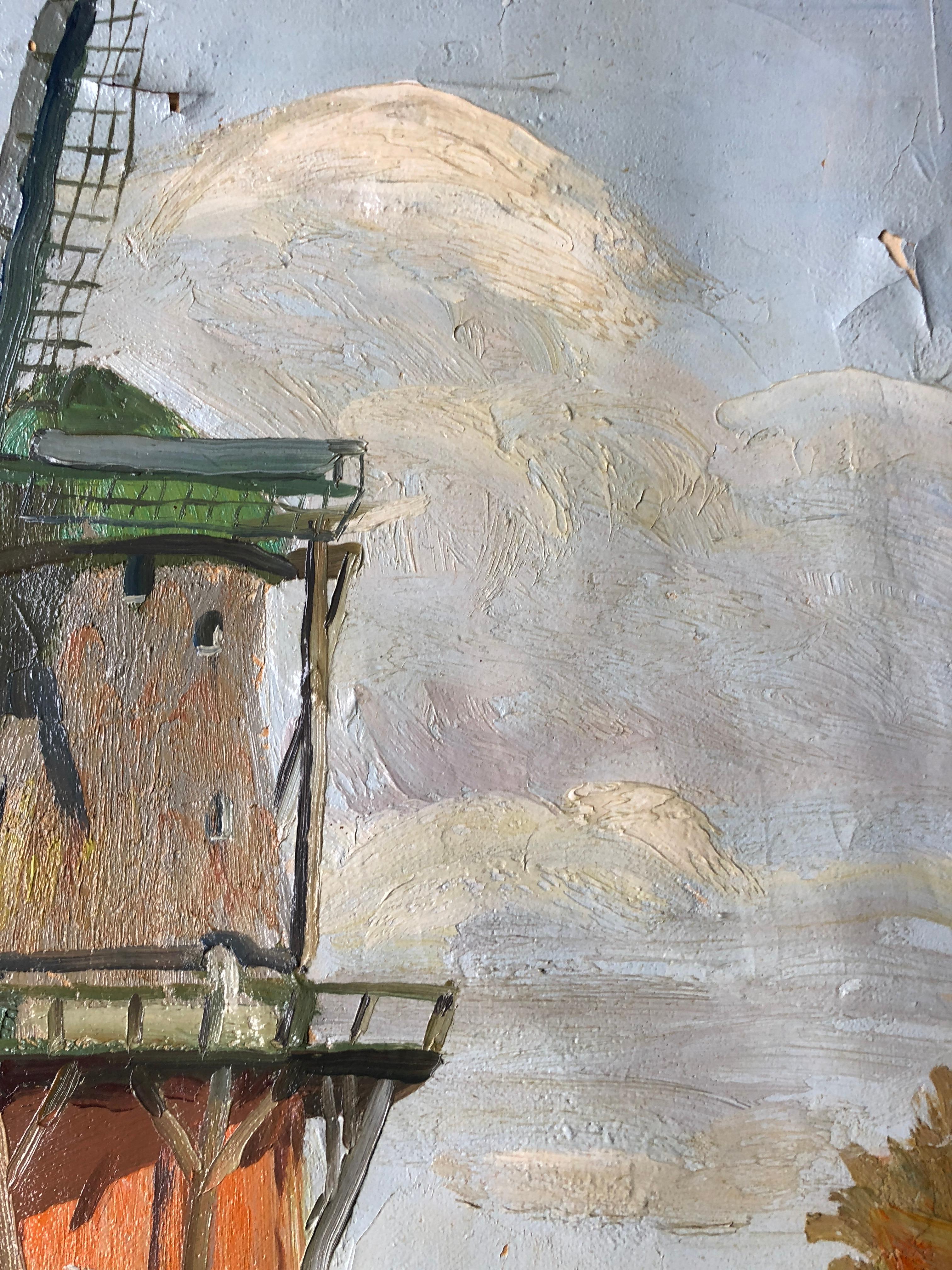 'Moulin á Dokkum', Impressionist Signed Oil Painting - Beige Landscape Painting by Claude Benard