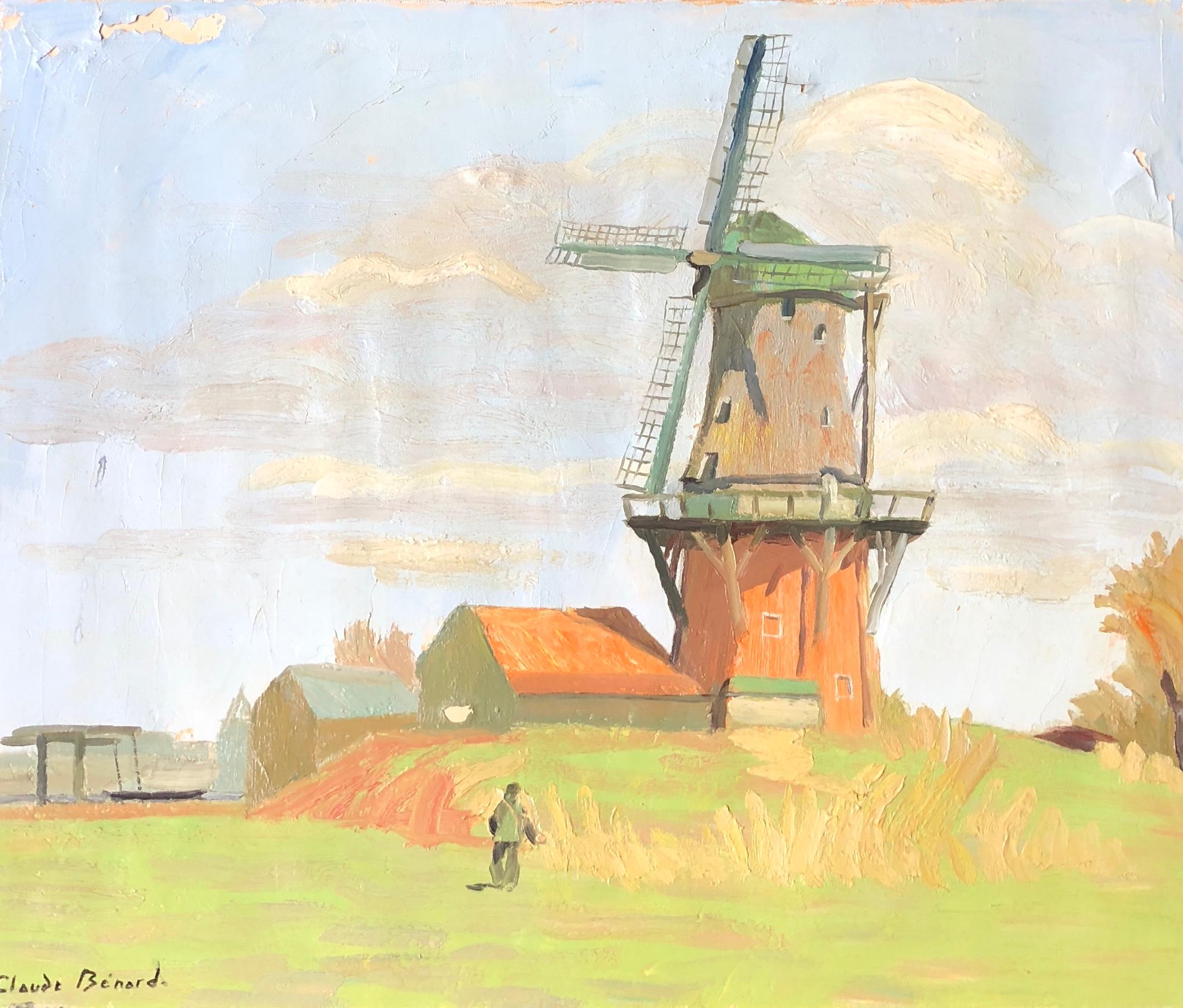 Claude Benard Landscape Painting - 'Moulin á Dokkum', Impressionist Signed Oil Painting