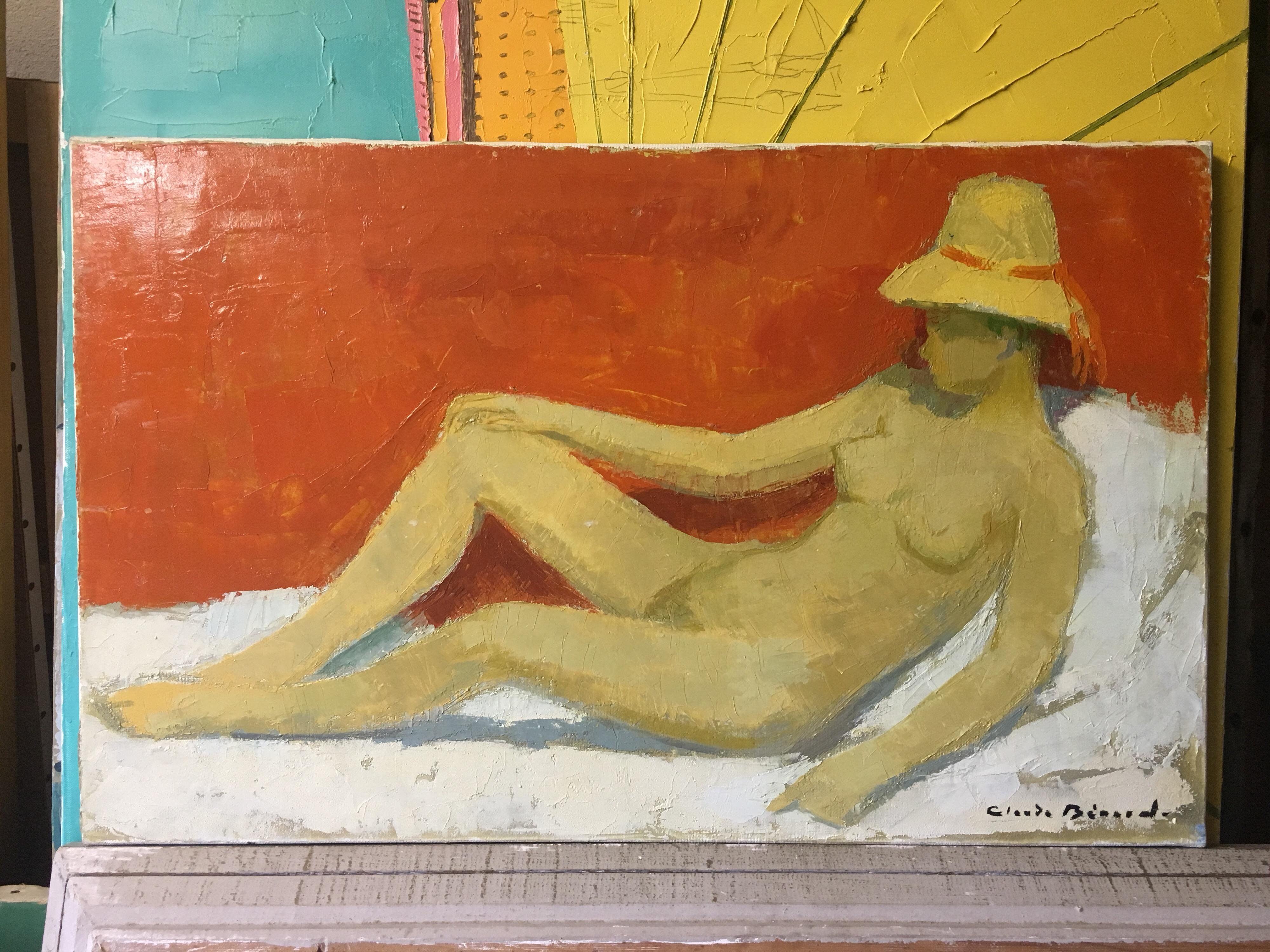 Nu Au Chapeau de Paille, Nude French Impressionist, Signed - Painting by Claude Benard