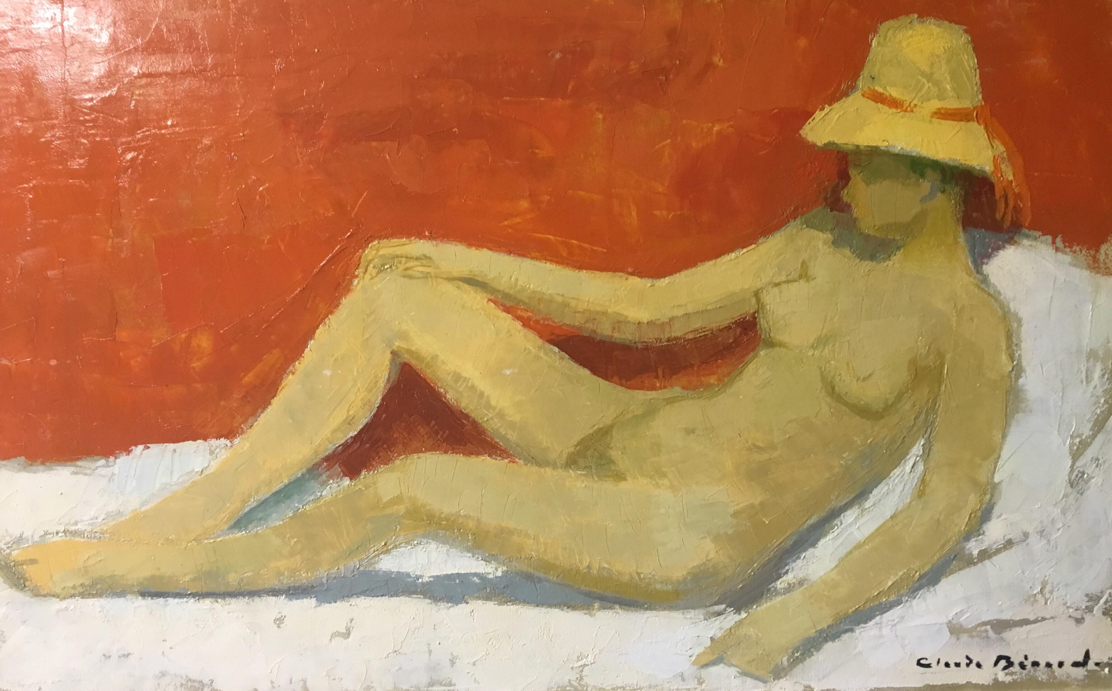 Claude Benard Interior Painting - Nu Au Chapeau de Paille, Nude French Impressionist, Signed